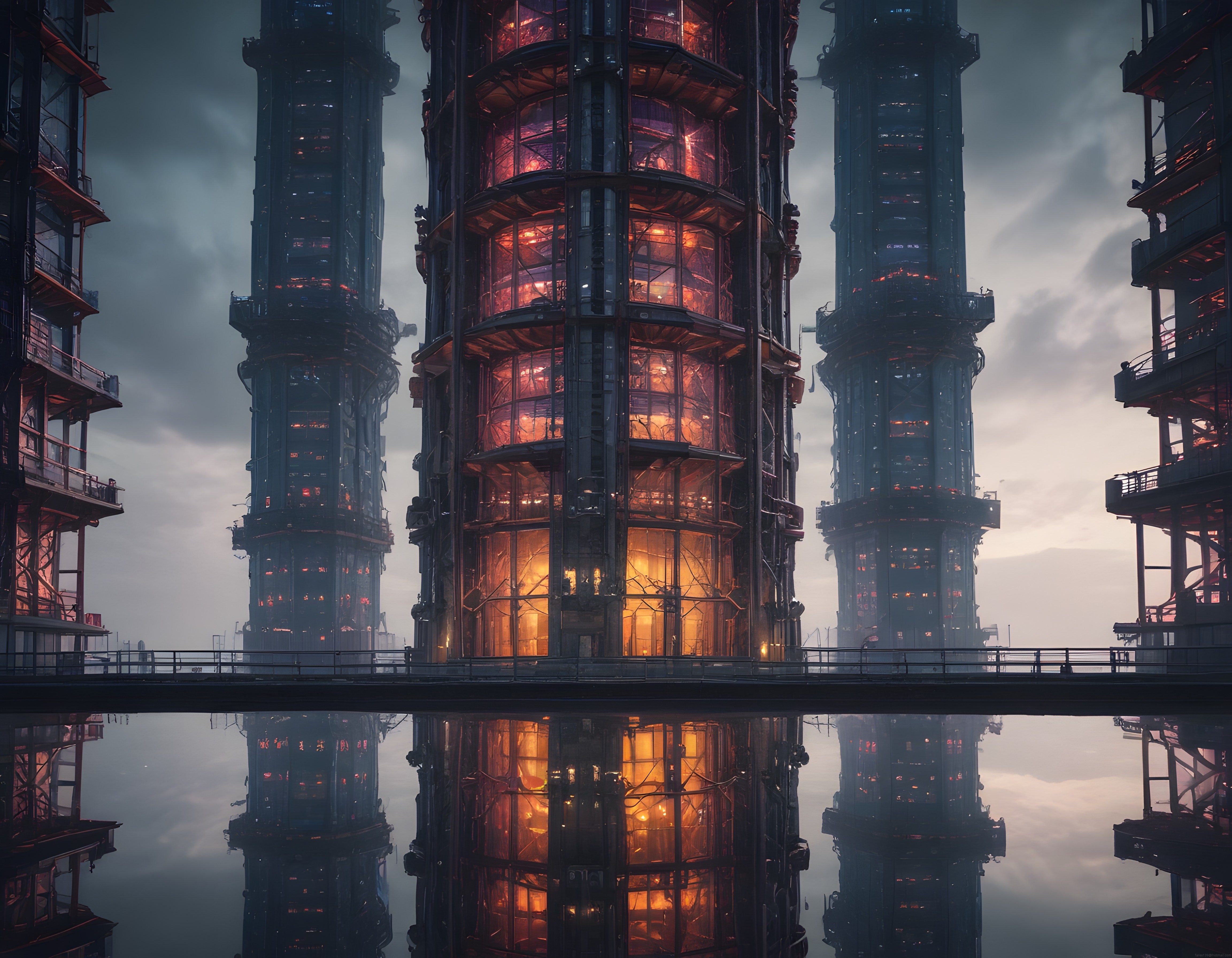Geleceğin gizemli kuleleri: Sis altında ışıldayan cyberpunk şehir manzarası