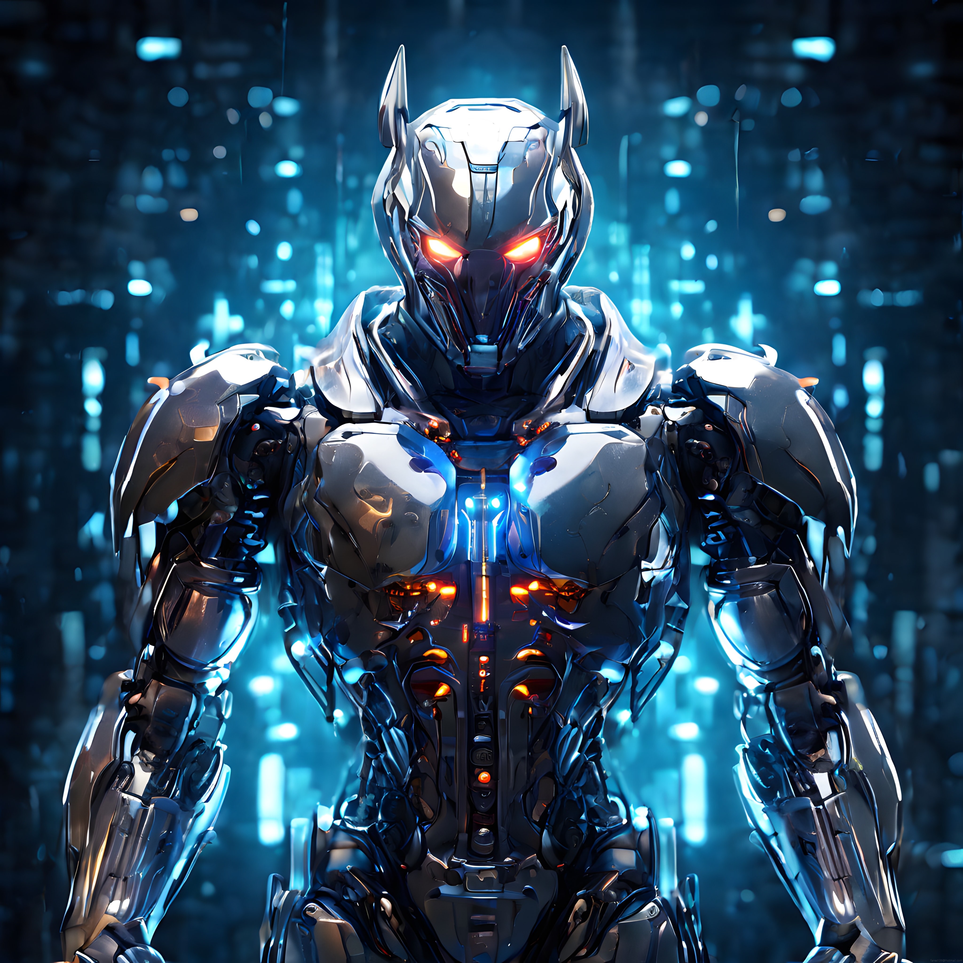 Geleceğin Gölgesinde: Neon Işıklı Metal Robot Zırh ve Parlak Turuncu Gözler
