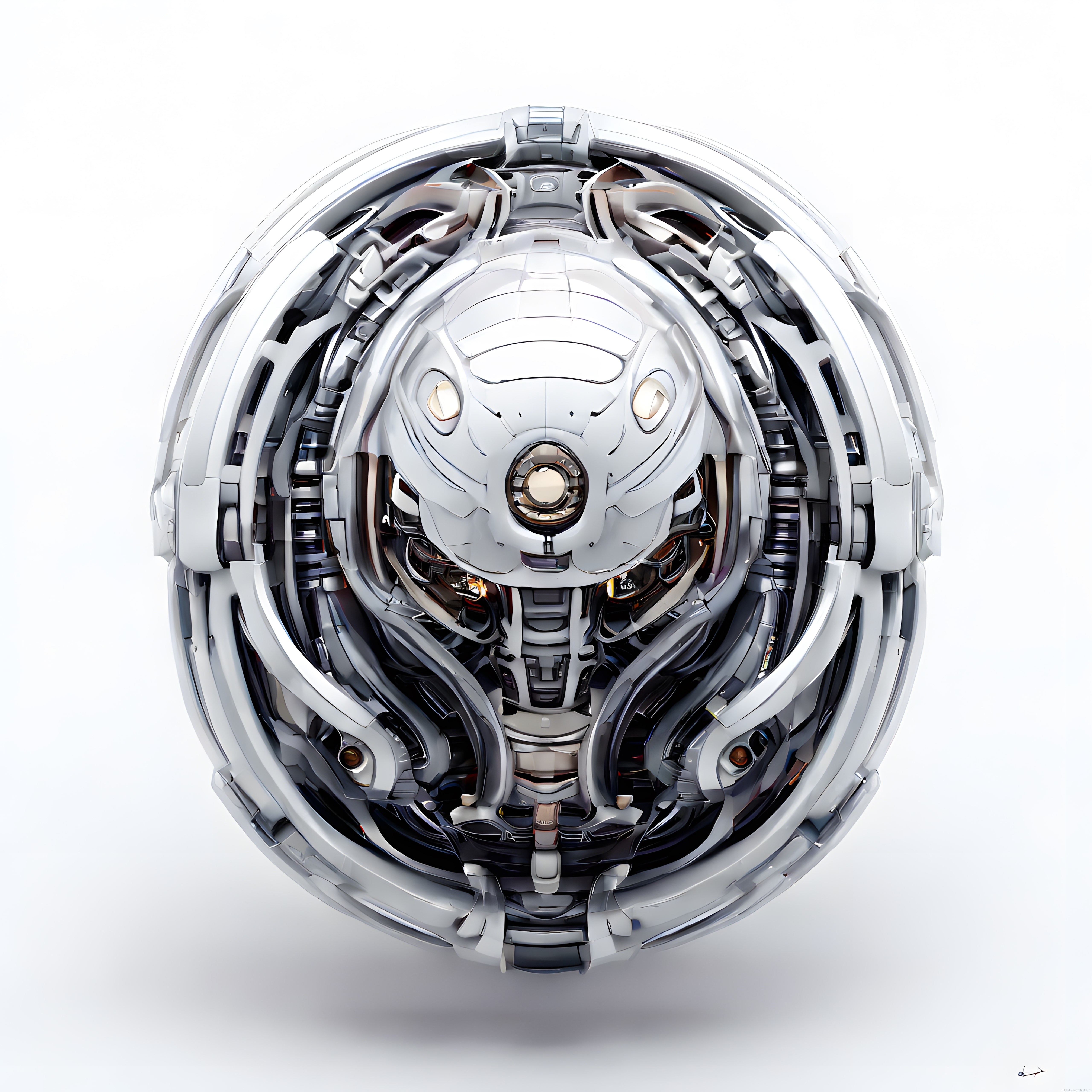 Geleceğin Gümüş Cyborg Yüzü: Fütüristik Robot Kask ve Mekanik Parçalar