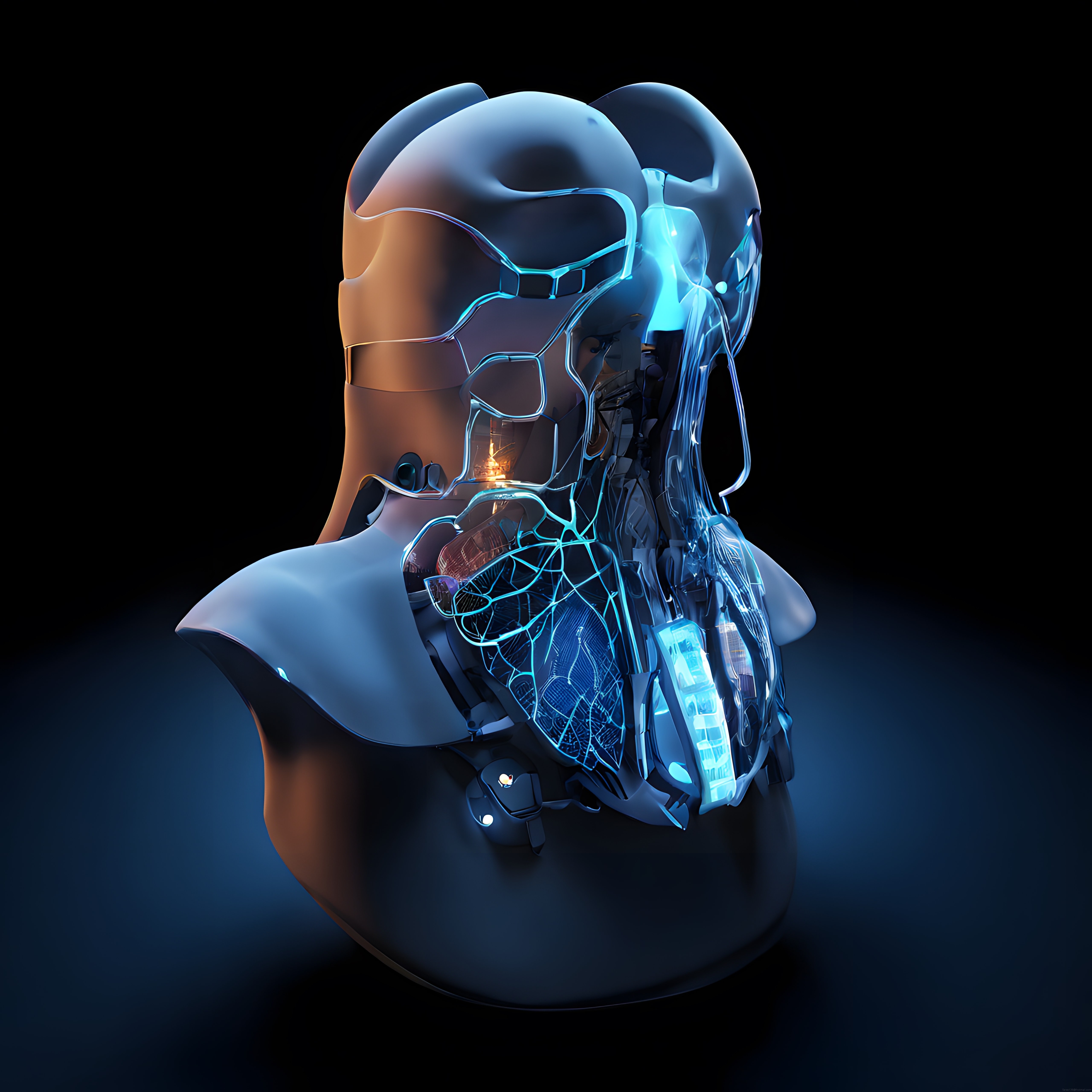 Geleceğin İnsan Makine Sentezi: Transparan Robotik Bust ve Neon Devreler