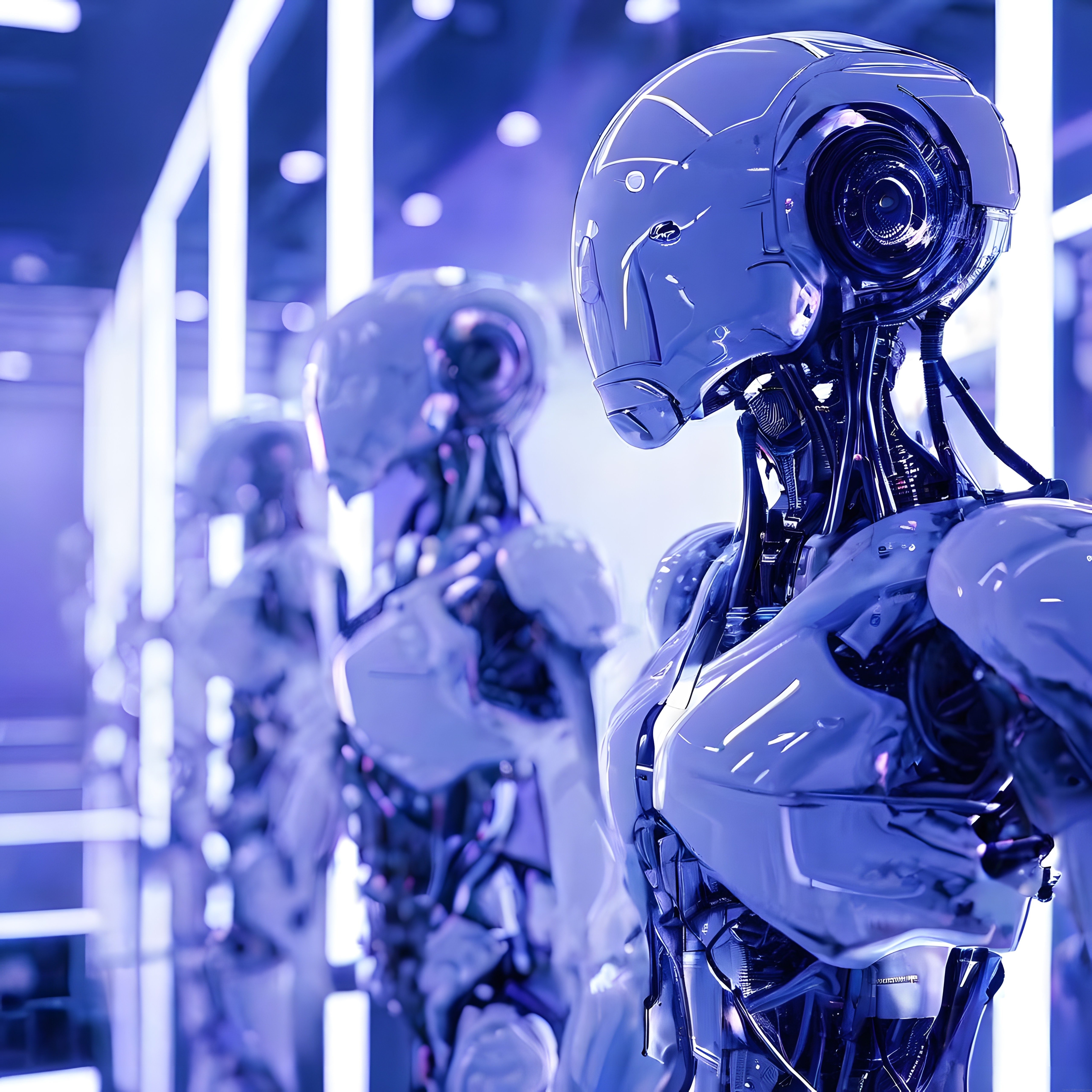 Geleceğin İnsansı Robotları: Mor Neon Işıklar Altında Metalik Detaylar