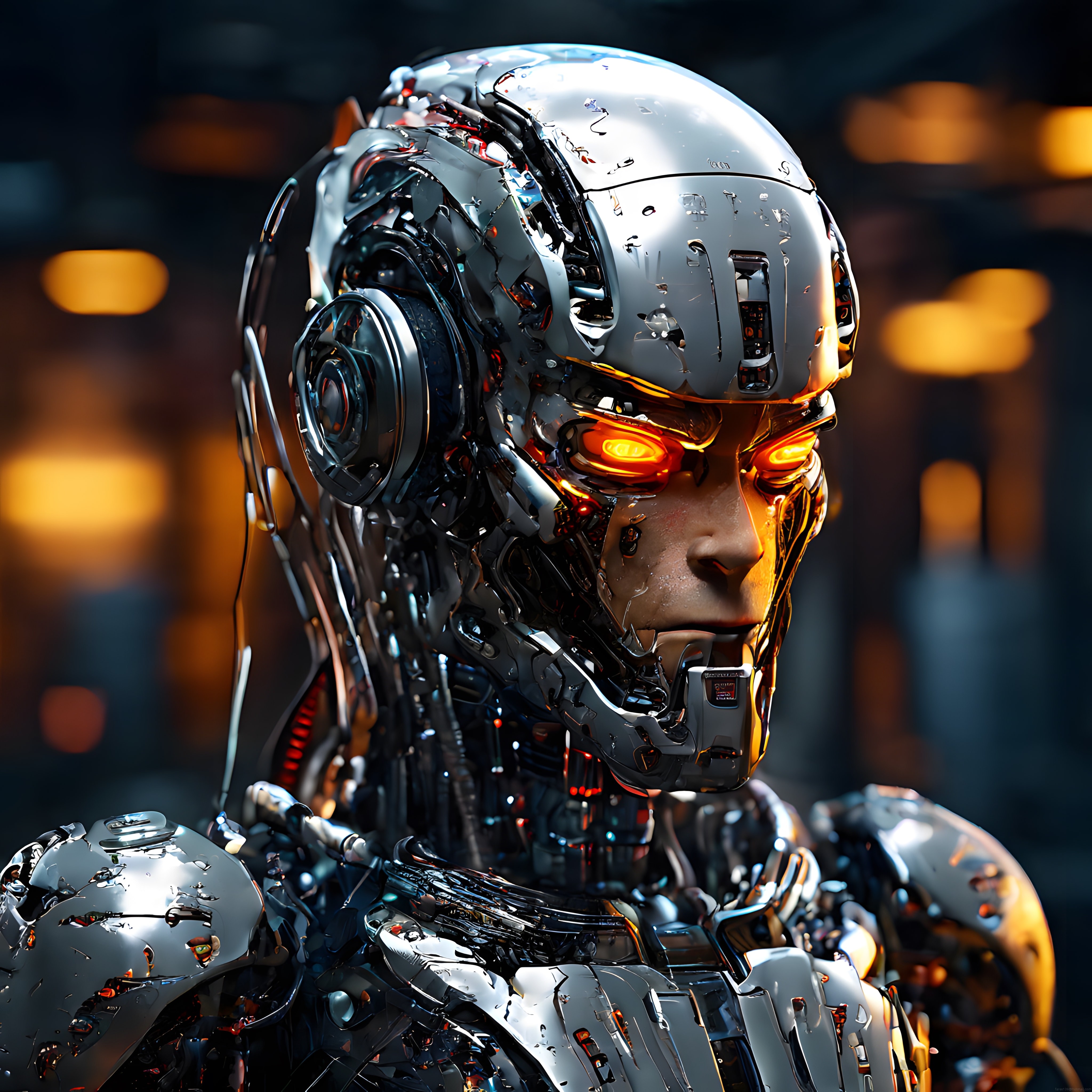Geleceğin insansı robotu: Parlak metal detaylar ve turuncu ışıklı gözler