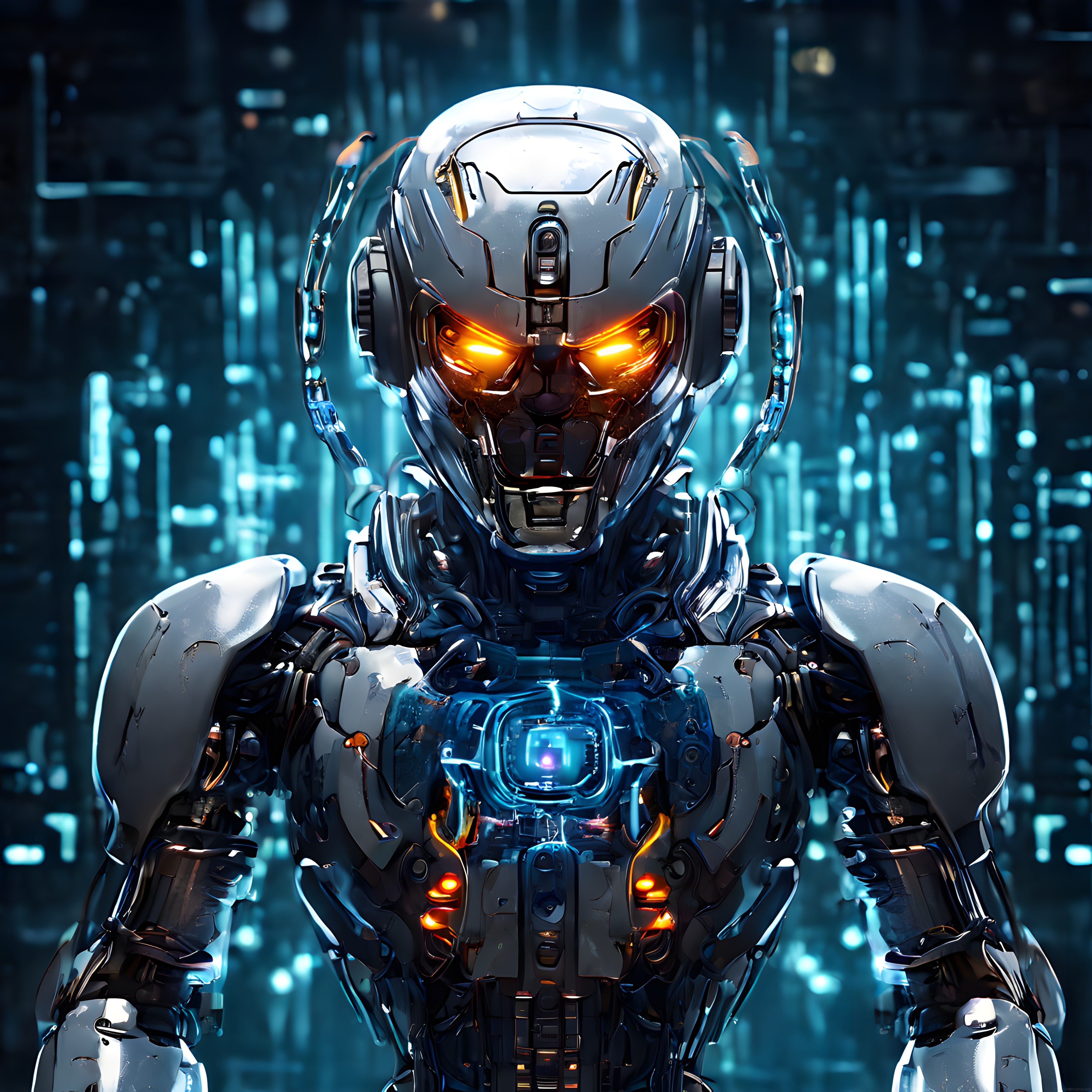 Geleceğin İnsansı Robotu Parlak Turuncu Gözler ve Mavi Enerji Çekirdeği