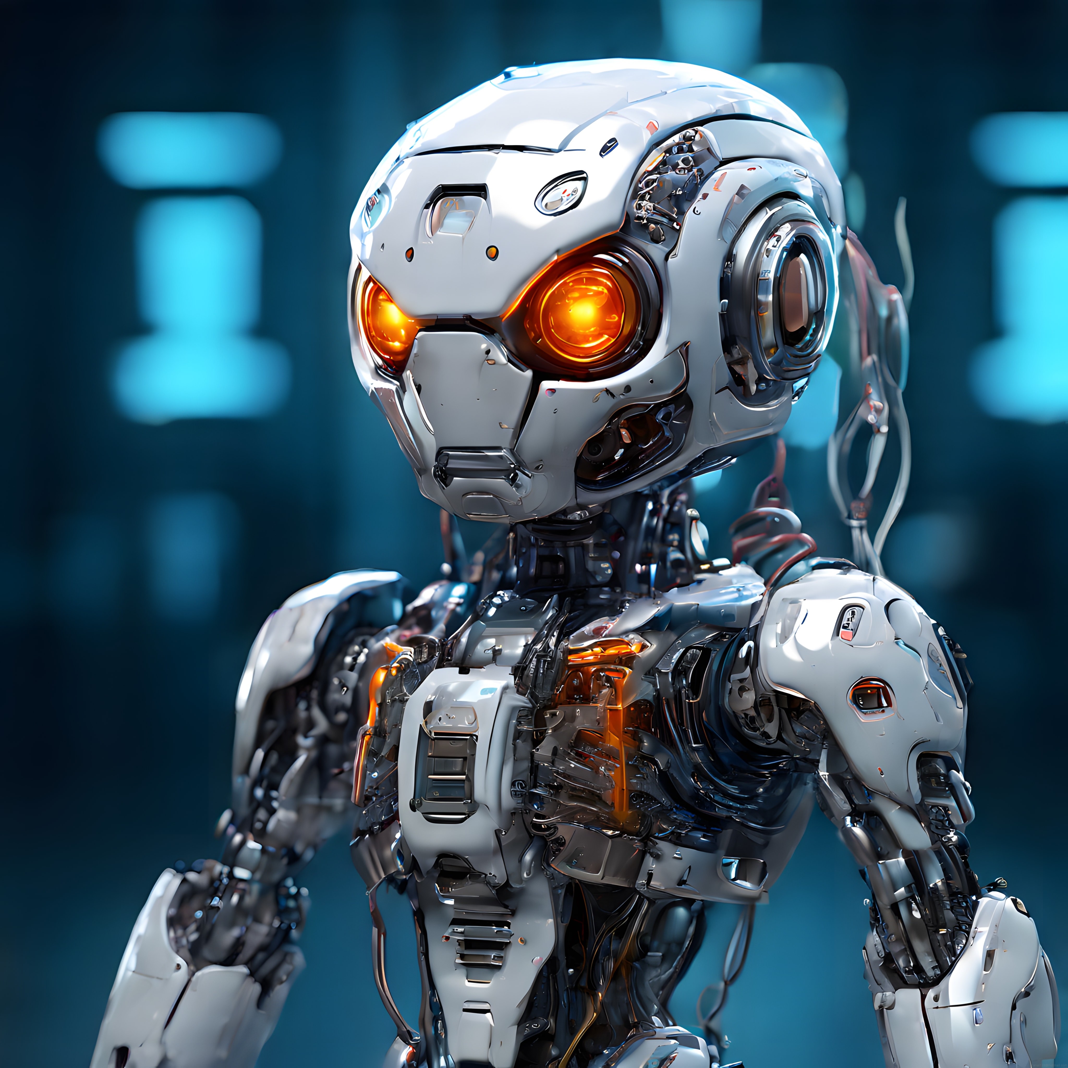 Geleceğin İnsansı Robotu: Parlak Turuncu Gözlü Mekanik Yapı ve Metal Zırh