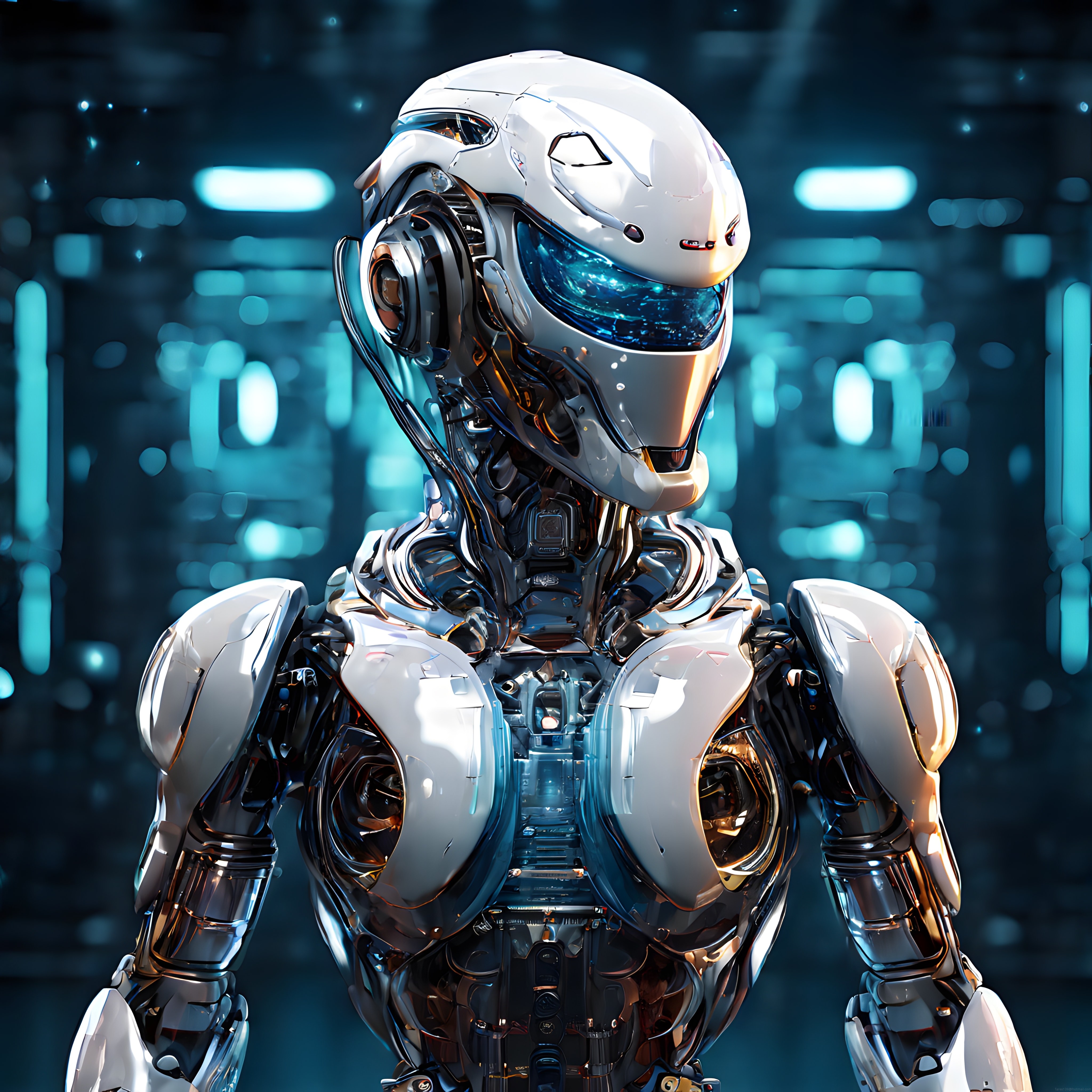 Geleceğin İnsansı Robotu: Parlayan Krom Detaylar ve Mavi Optik Lens