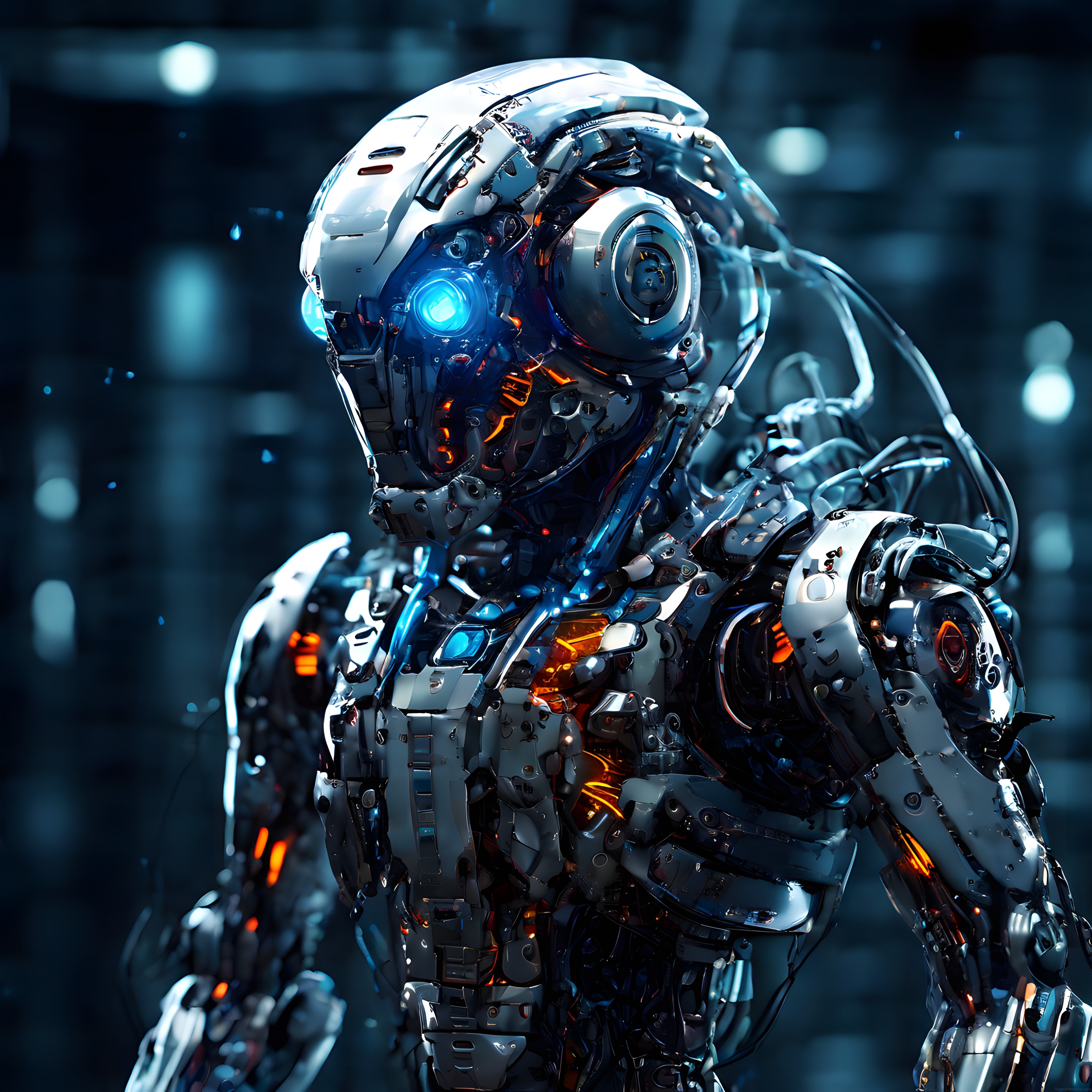 Geleceğin İnsansı Robotu: Yüksek Teknolojili Mekanik Yapı ve Neon Aydınlatma
