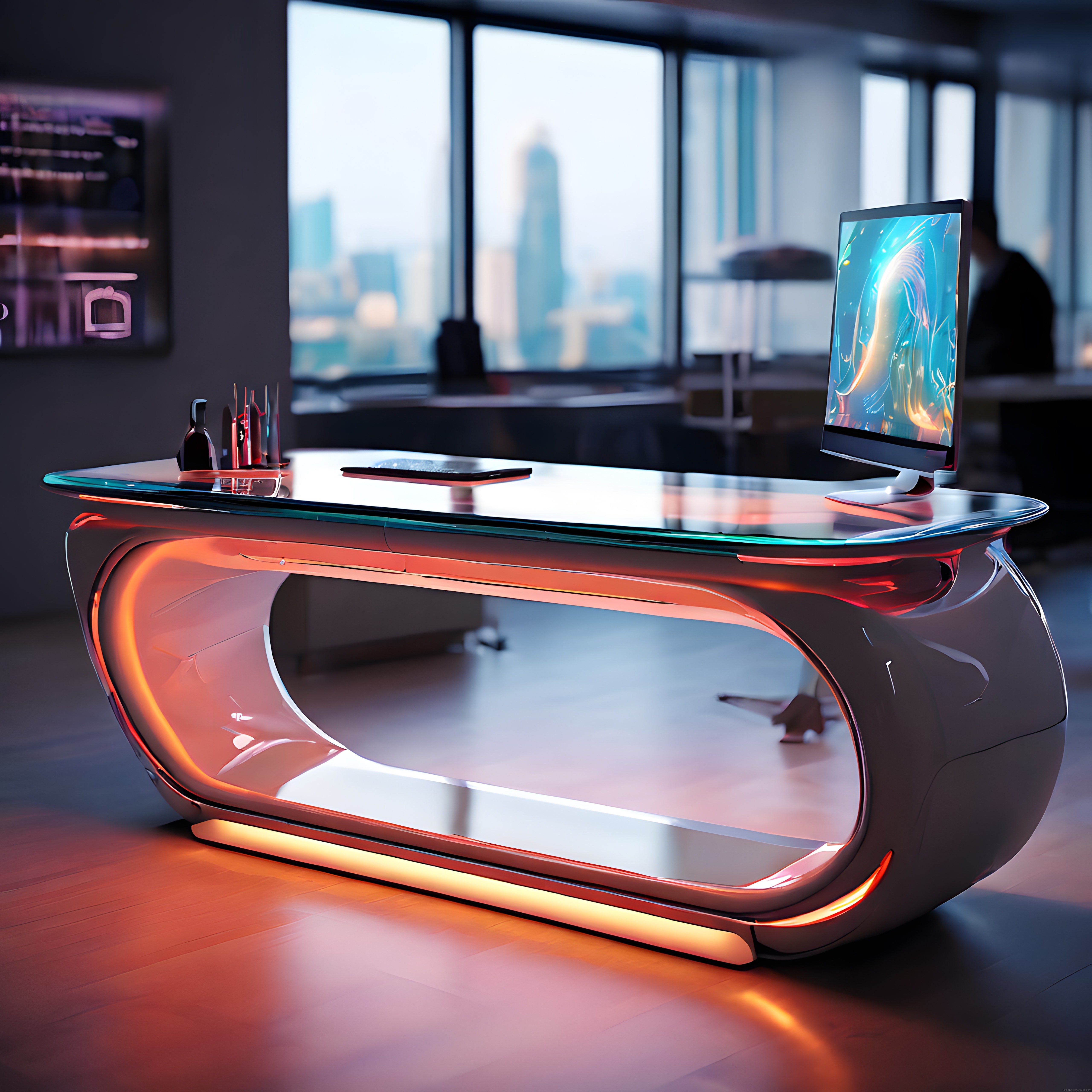 Geleceğin İş Alanı: Neon Işıklı Tasarım Masası ve Panoramik Ofis Manzarası