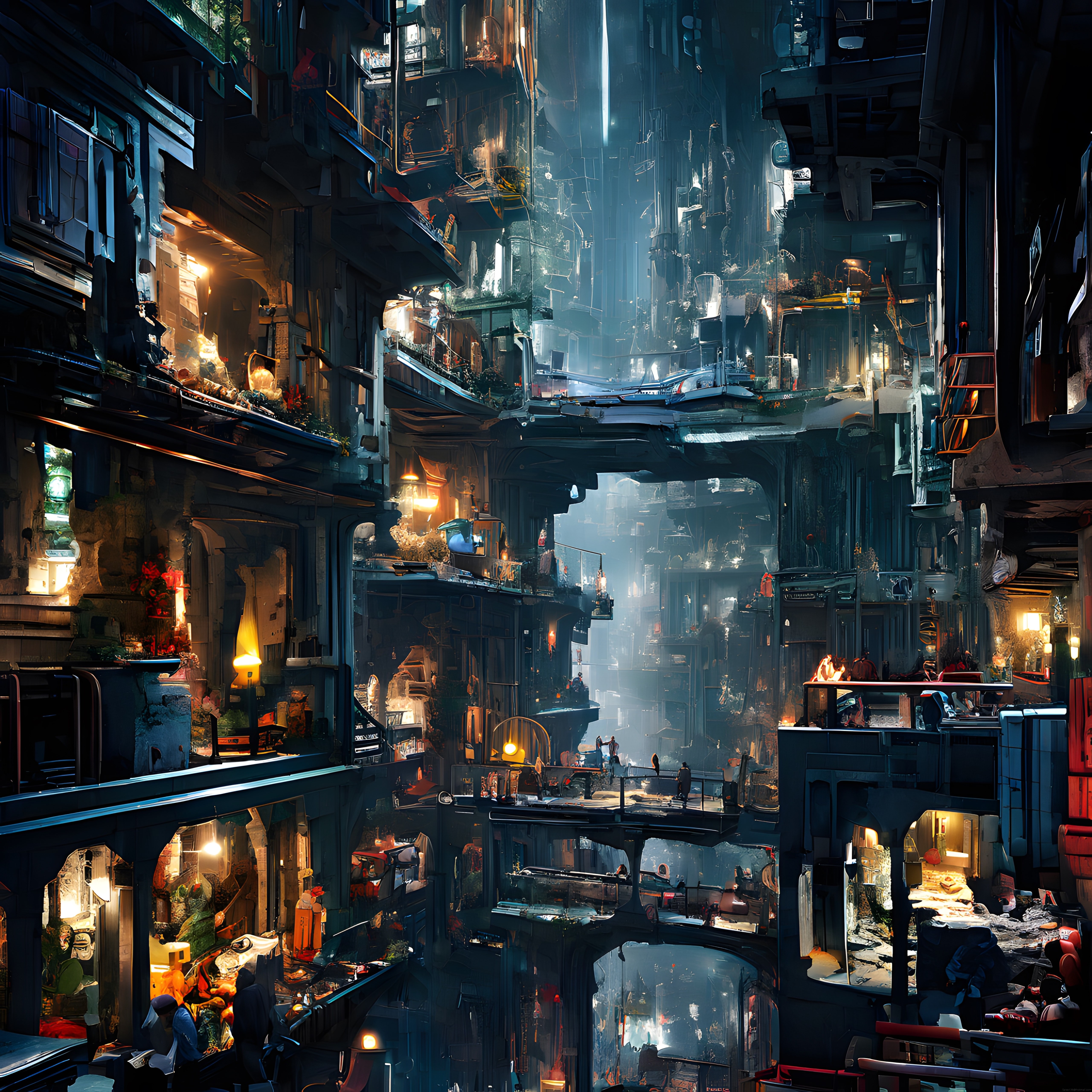 Geleceğin Katmanlı Cyberpunk Şehrinde Gece Yaşamı ve Neon Işıklı Balkonlar