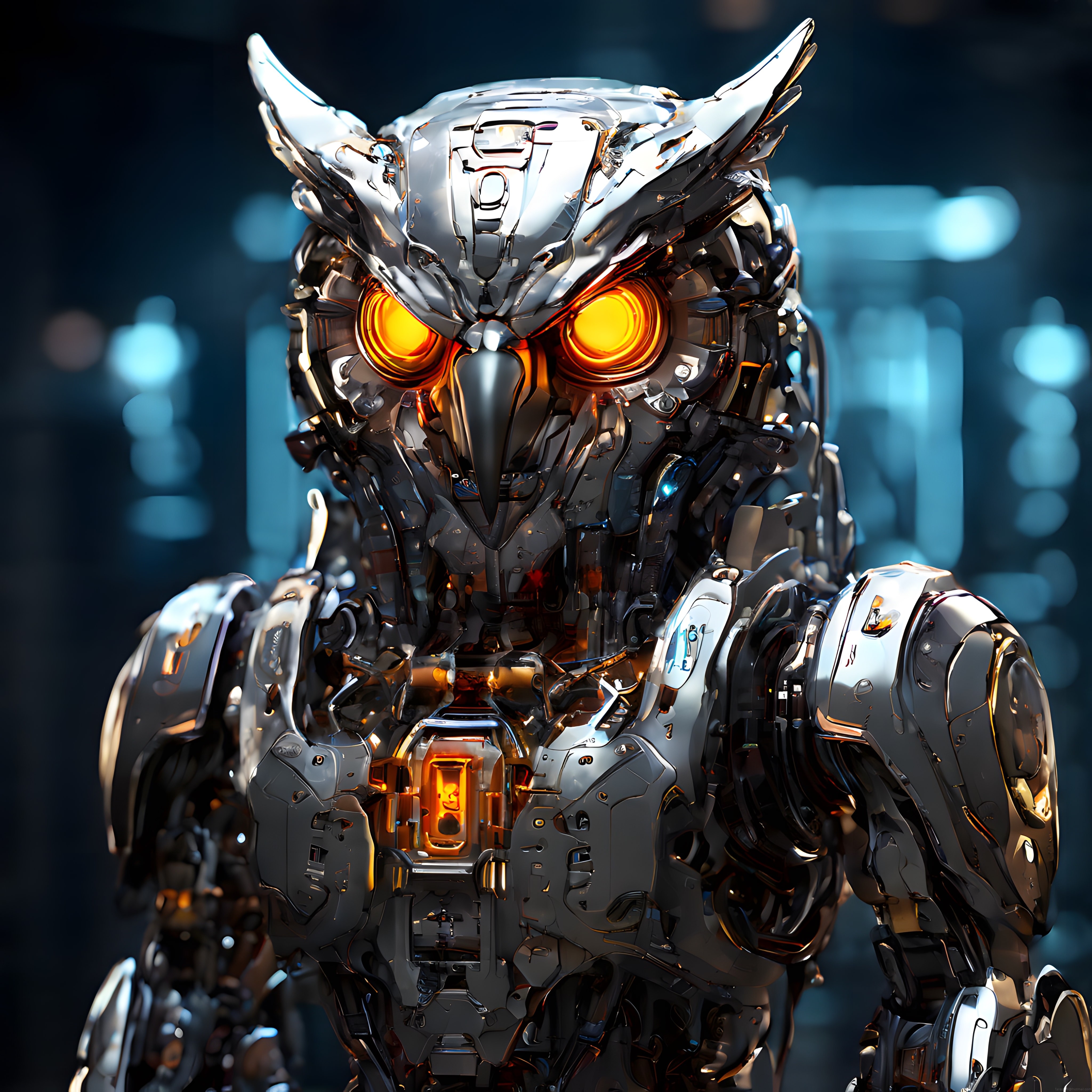 Geleceğin Koruyucusu: Parlak Turuncu Gözleriyle Detaylı Mekanik Baykuş Robot