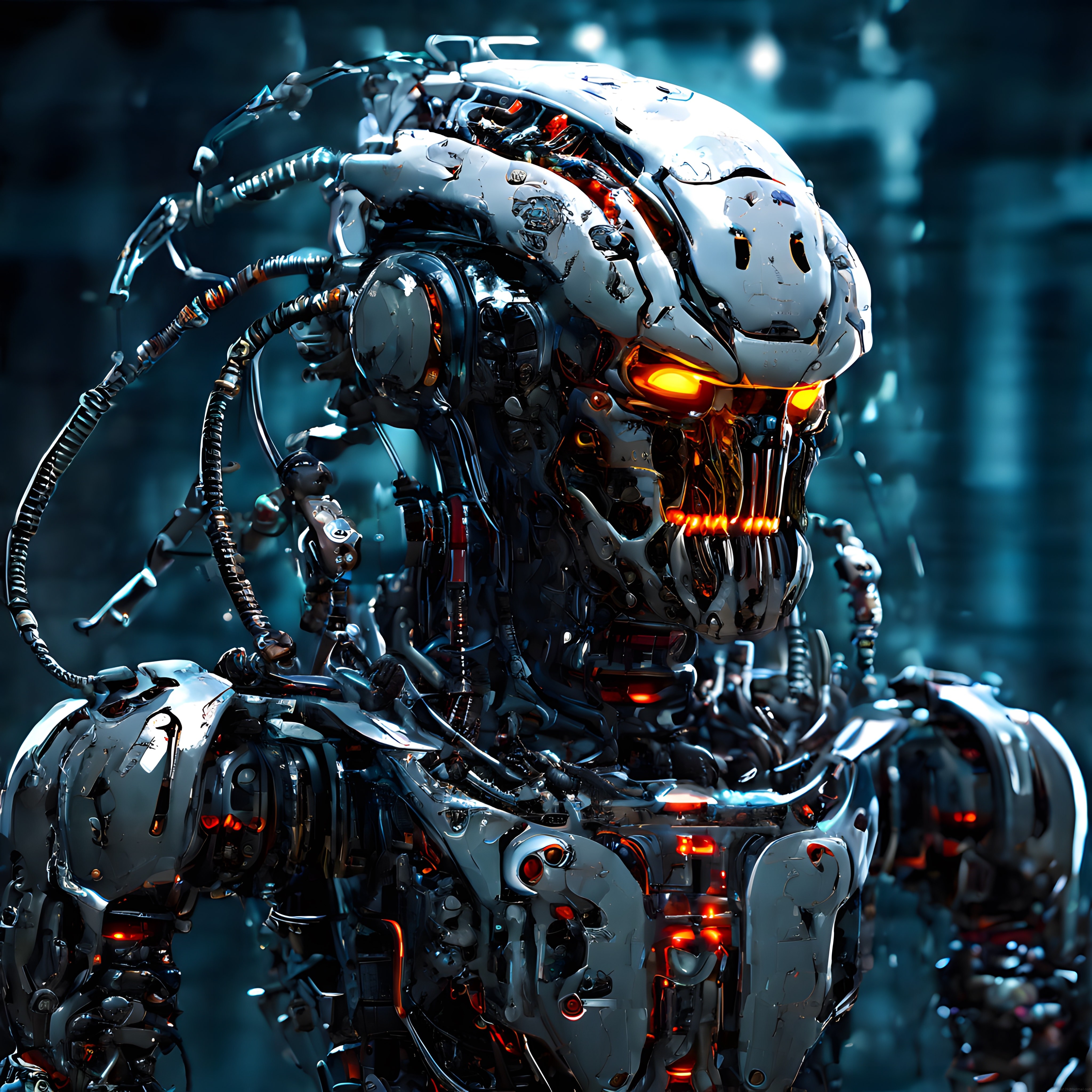 Geleceğin kybernetik canavarı: Parlayan gözlü biyomekanik robot portresi
