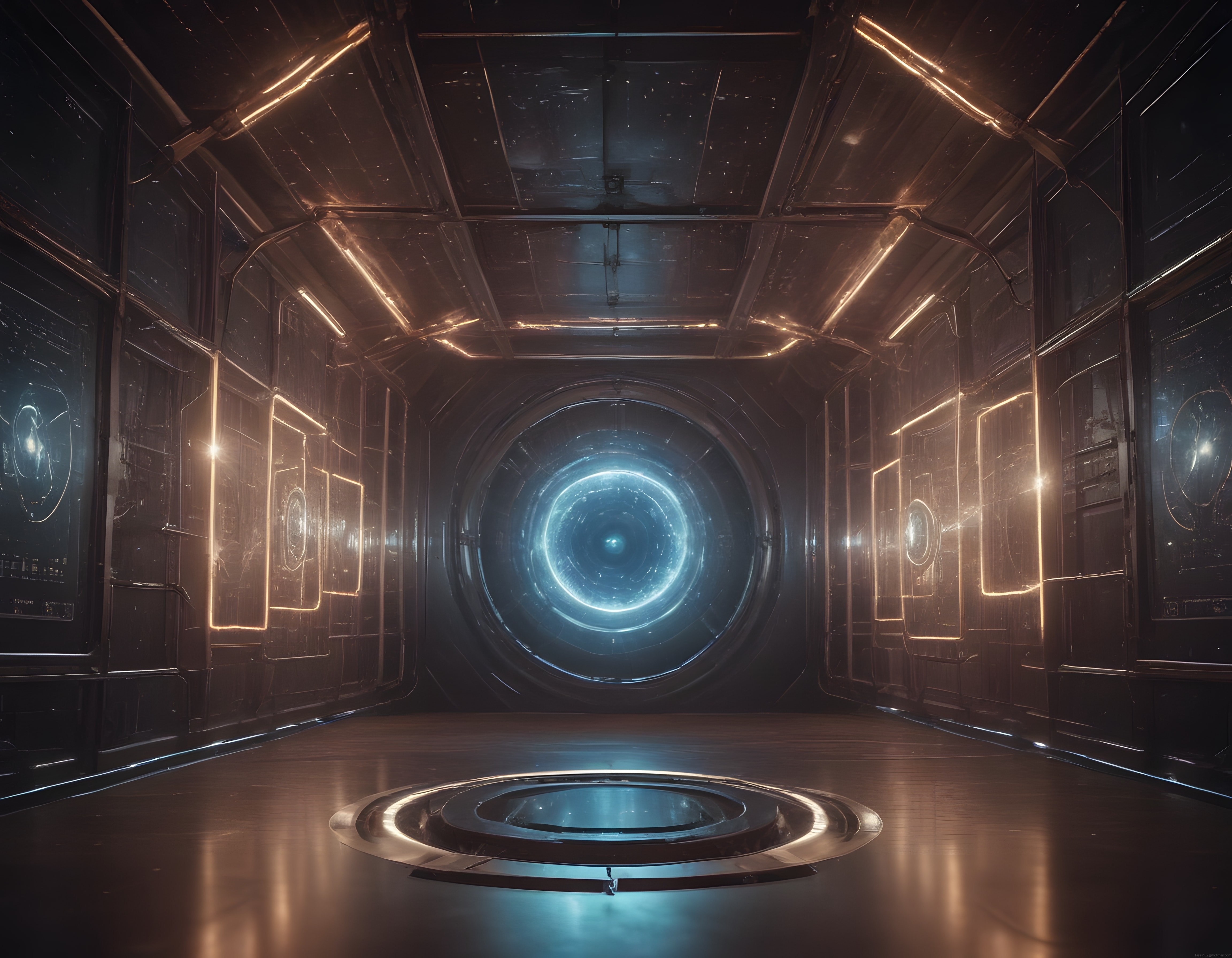 Geleceğin Laboratuvarı: Neon Işıklı Portal ve Metalik Sci Fi İç Mekan Tasarımı