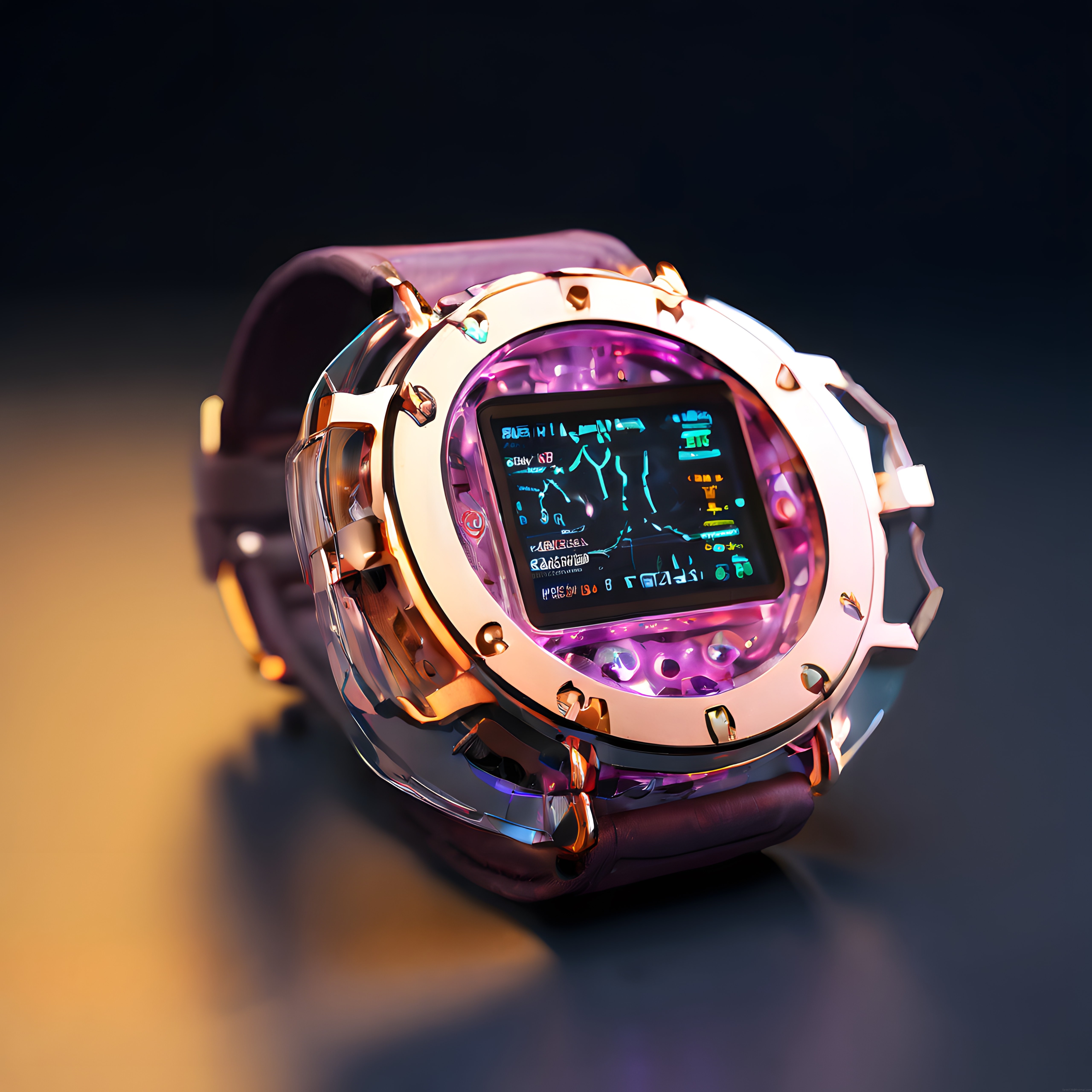 Geleceğin lüks akıllı saati: Rose gold kasada holografik harita ekranı ve neon detaylar