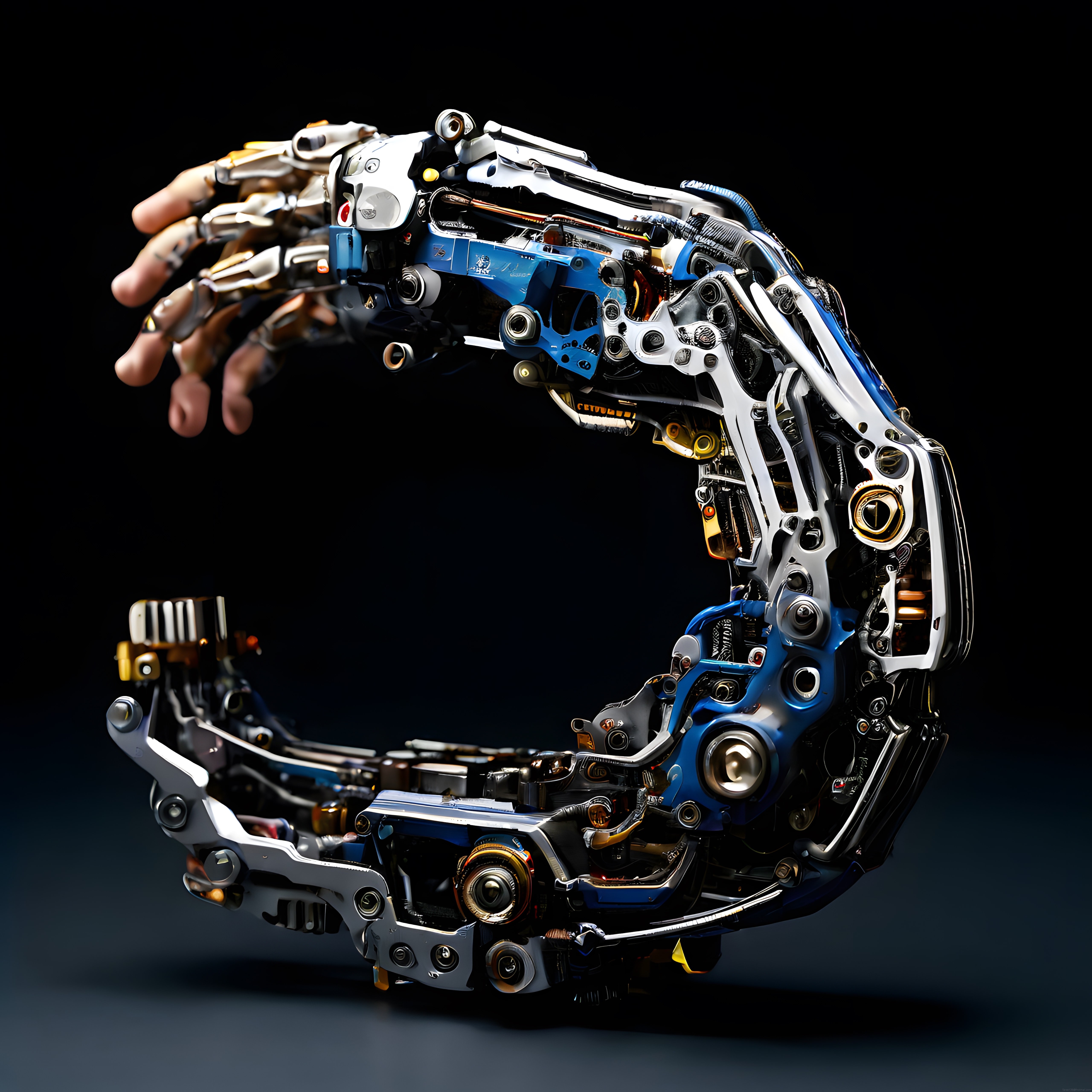 Geleceğin Mavi Biyonik Robot Kolunun Parçalanmış Mekanik İç Yapısı