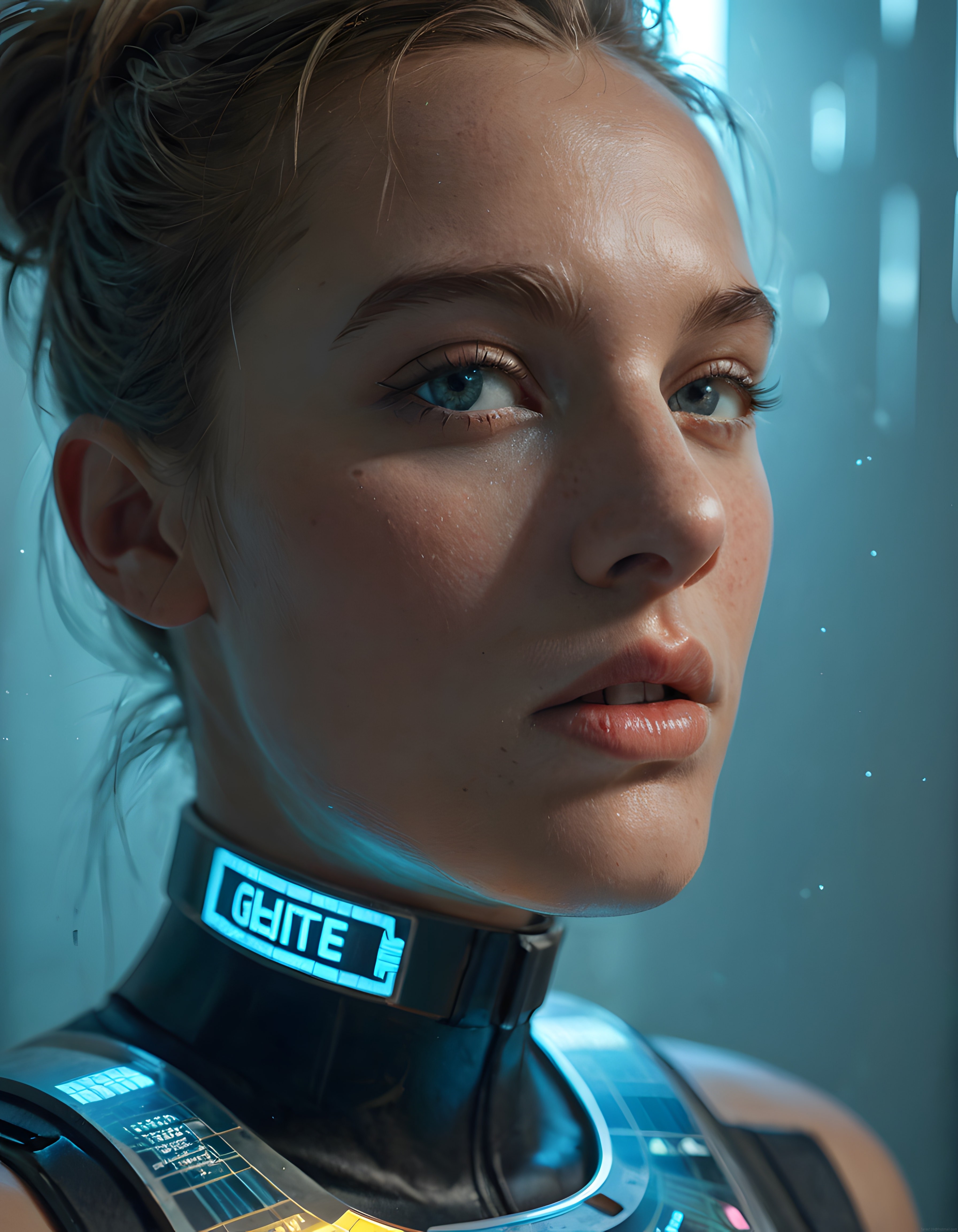 Geleceğin Mavi Işıklı Boyunluğu ve Cyberpunk Teknoloji Kadın Portresi