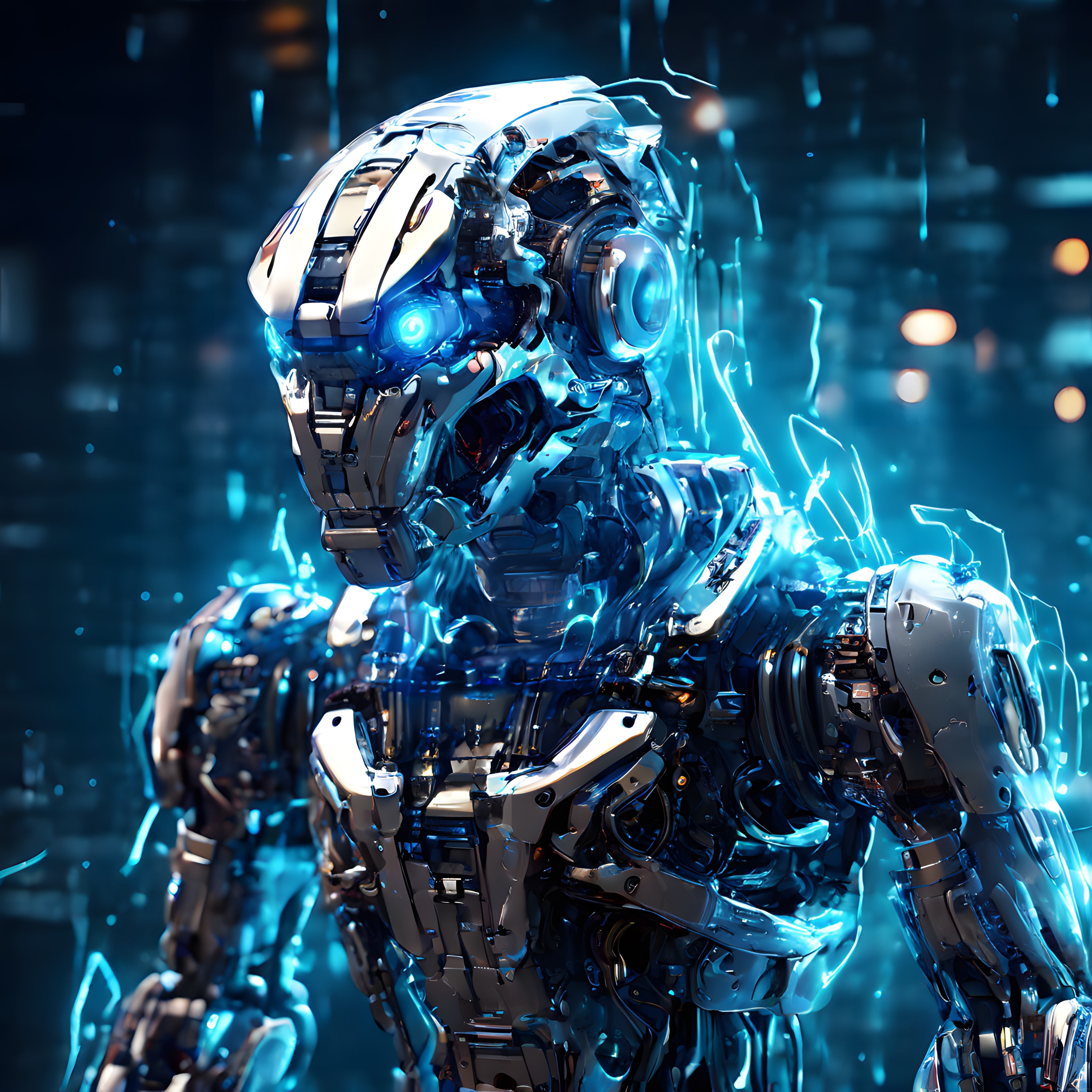 Geleceğin Mavi Işıklı Cyberpunk Robotu ve Elektrikli Enerji Patlaması