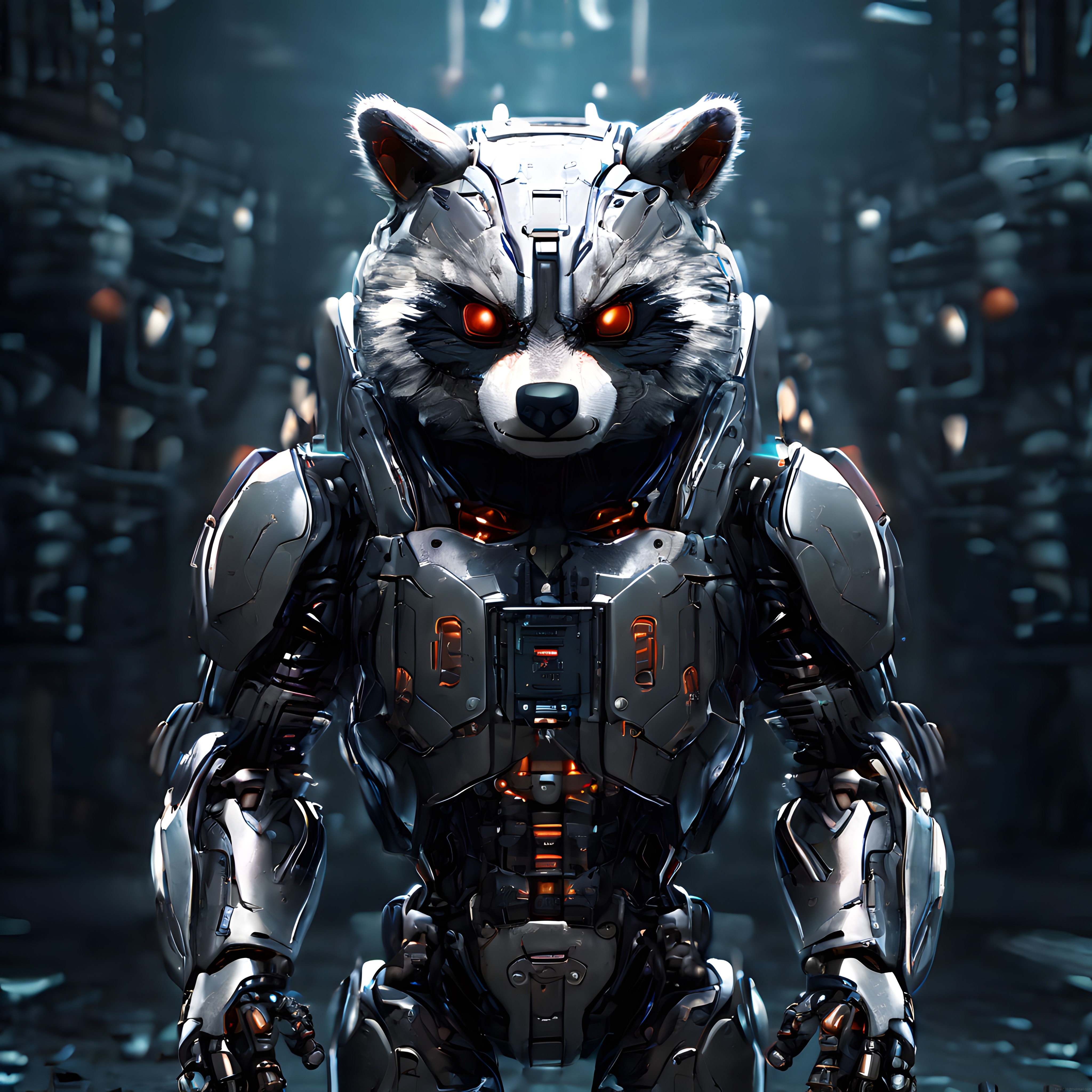 Geleceğin Mecha Panda Savaşçısı: Kızgın Turuncu Gözlü Cyborg Zırhlı Asker