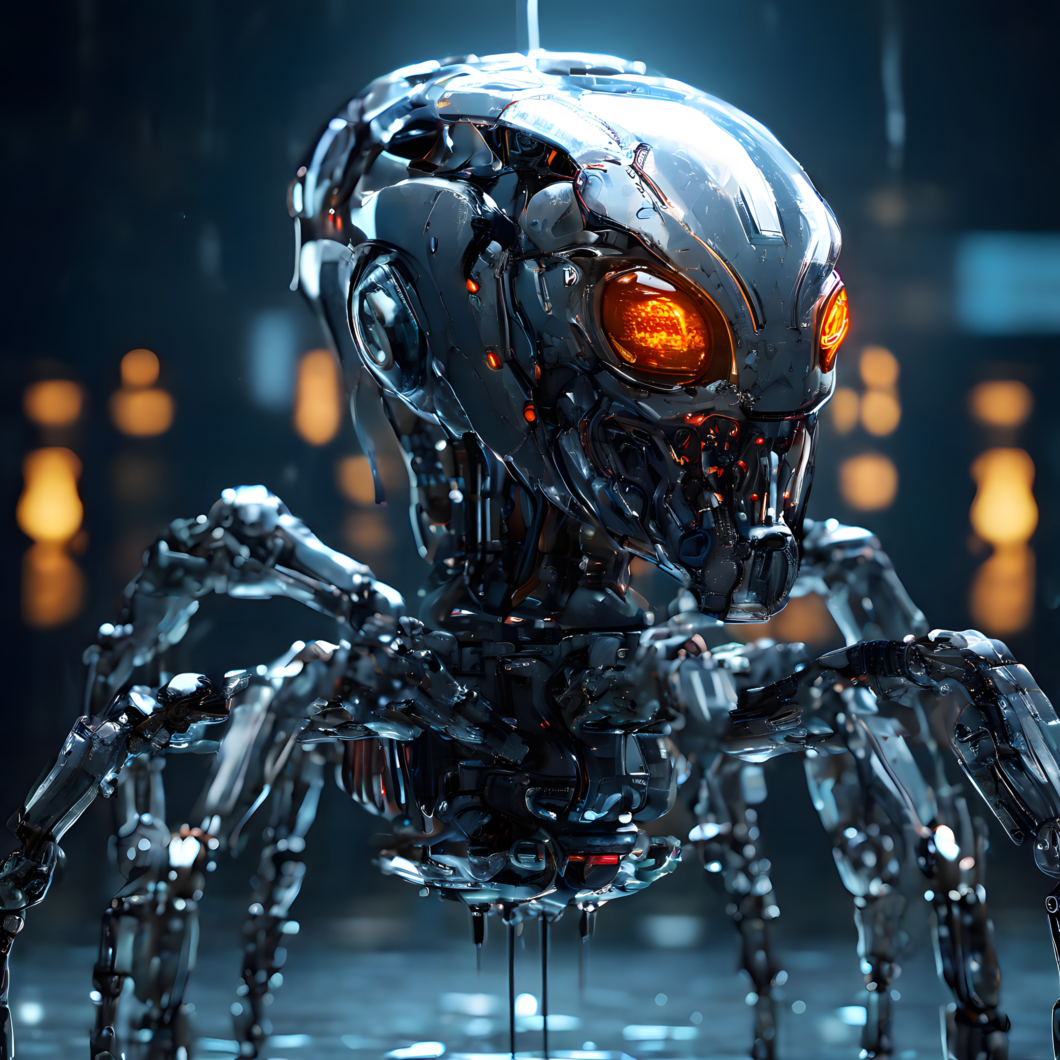 Geleceğin Mekanik Örümceği: Metalik Robot ve Parlak Turuncu Gözleri