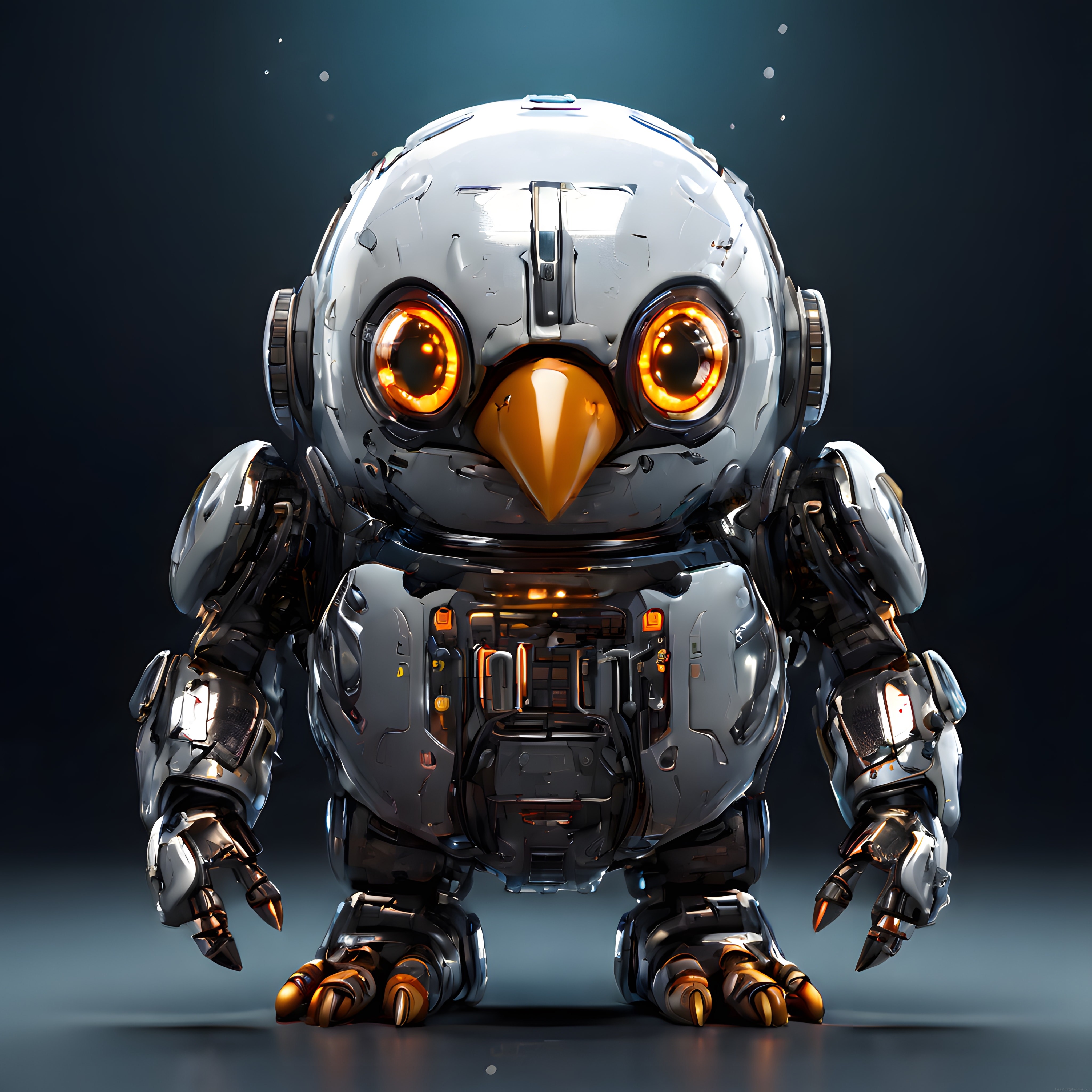 Geleceğin Mekanik Penguen Robotu Çelik Zırh ve Parlayan Turuncu Gözler