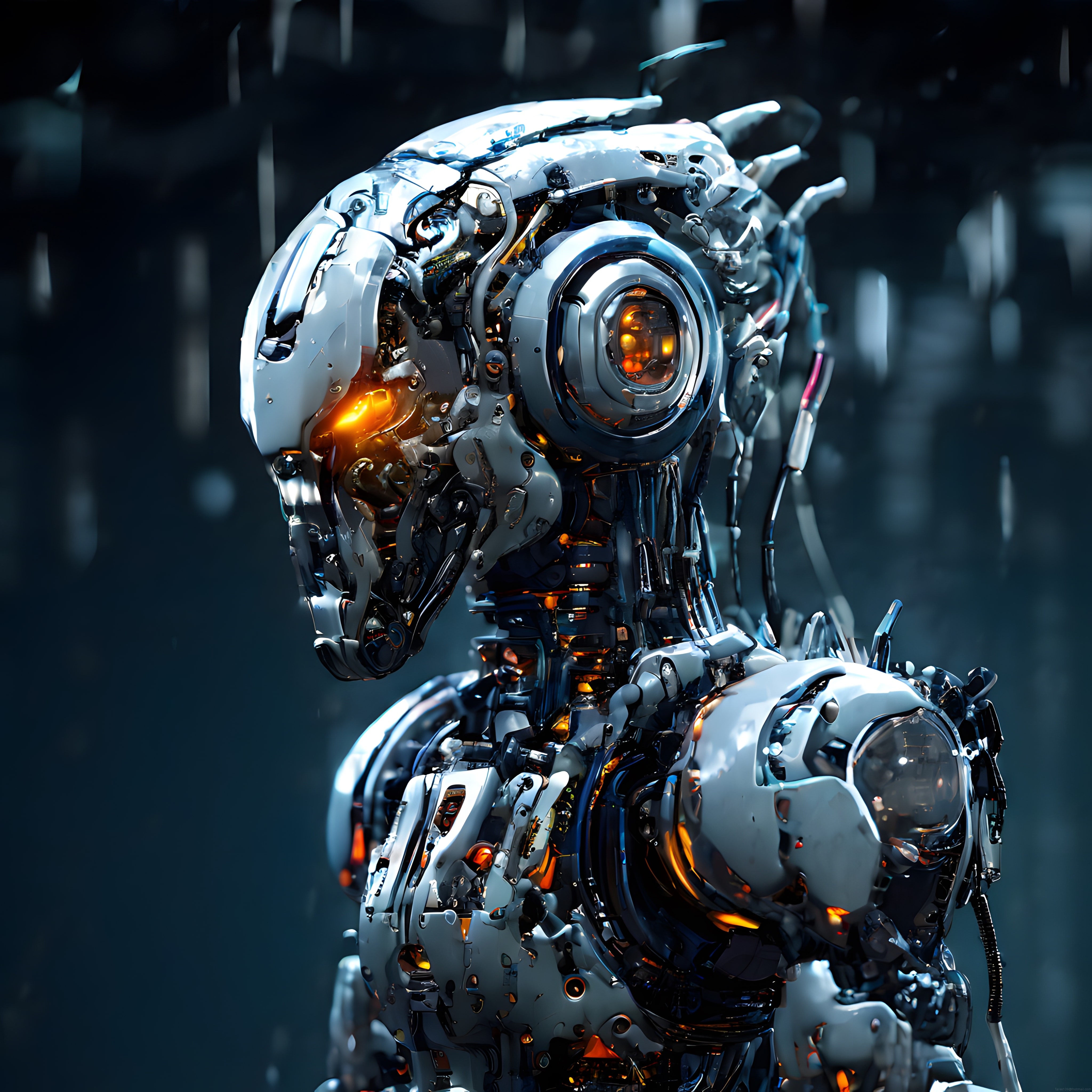 Geleceğin Mekanik Varlığı: İnsansı Robot ve Turuncu Işıklı Çelik Detaylar
