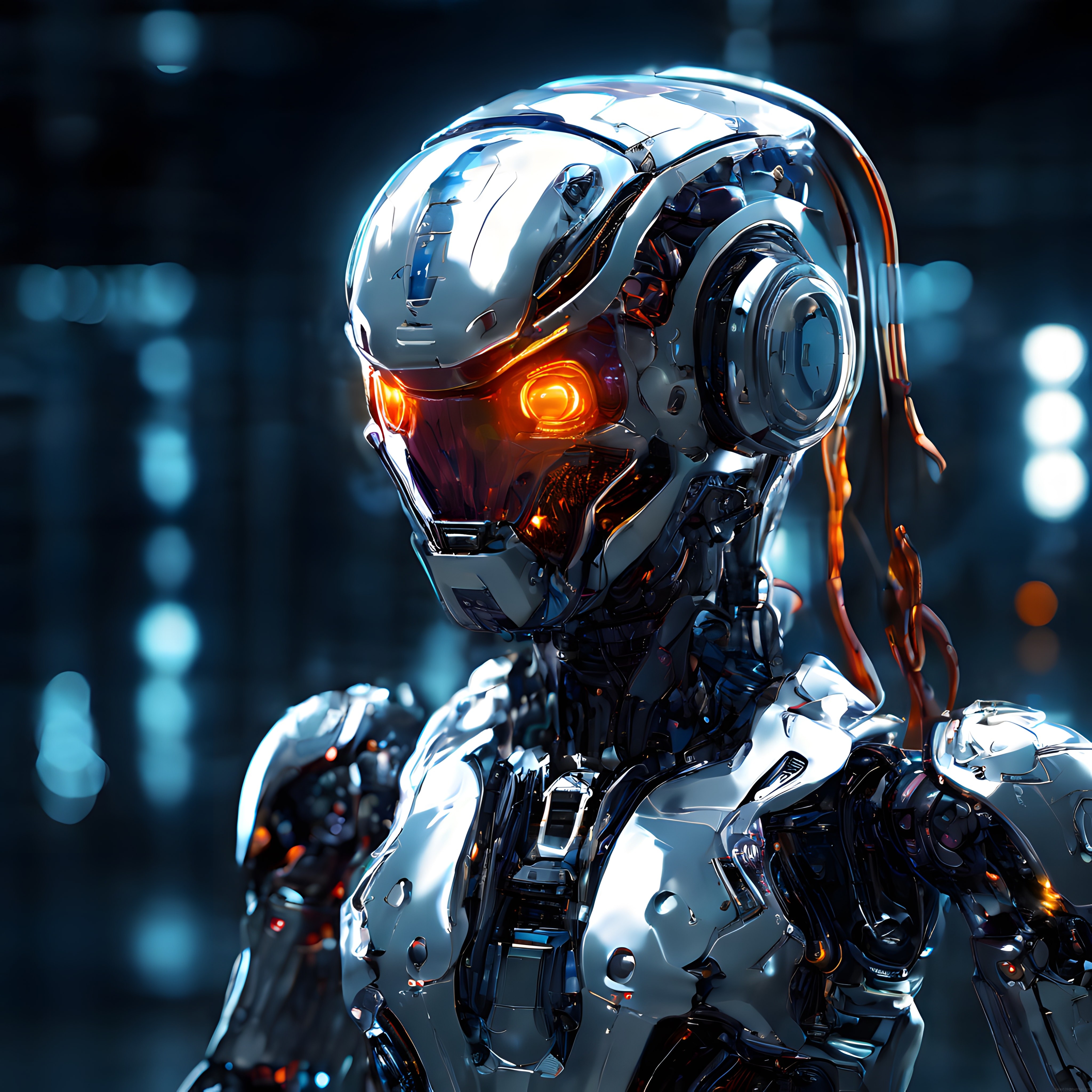 Geleceğin Mekanik Varlığı: Krom Gövde ve Turuncu Parlayan Robot Gözleri
