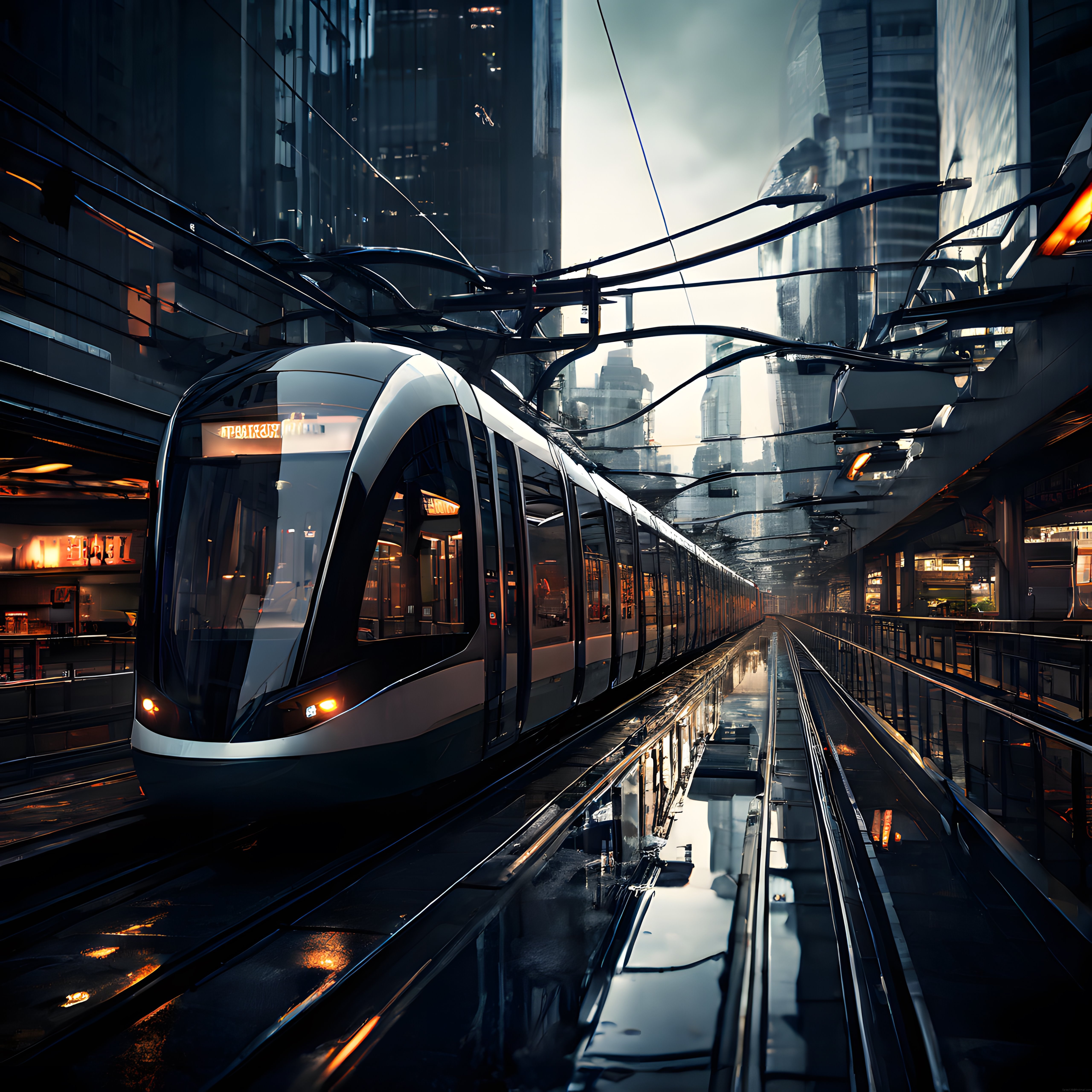Geleceğin Metropolünde Hızlı Tren: Neon Işıklı, Sisli Gece Manzarası