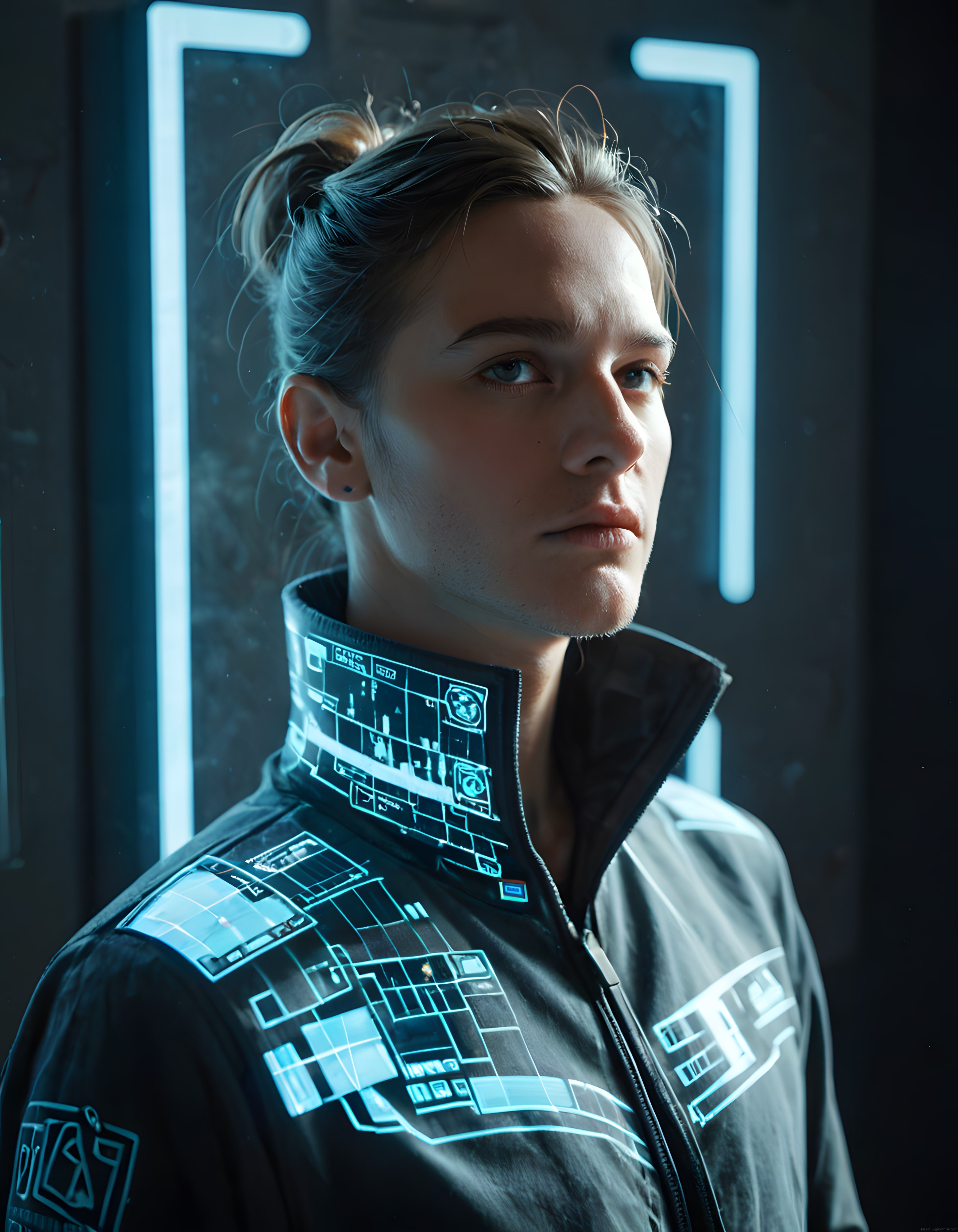 Geleceğin Modası: Hologram Panelli Cyberpunk Ceket ve Neon Portal Arka Planı