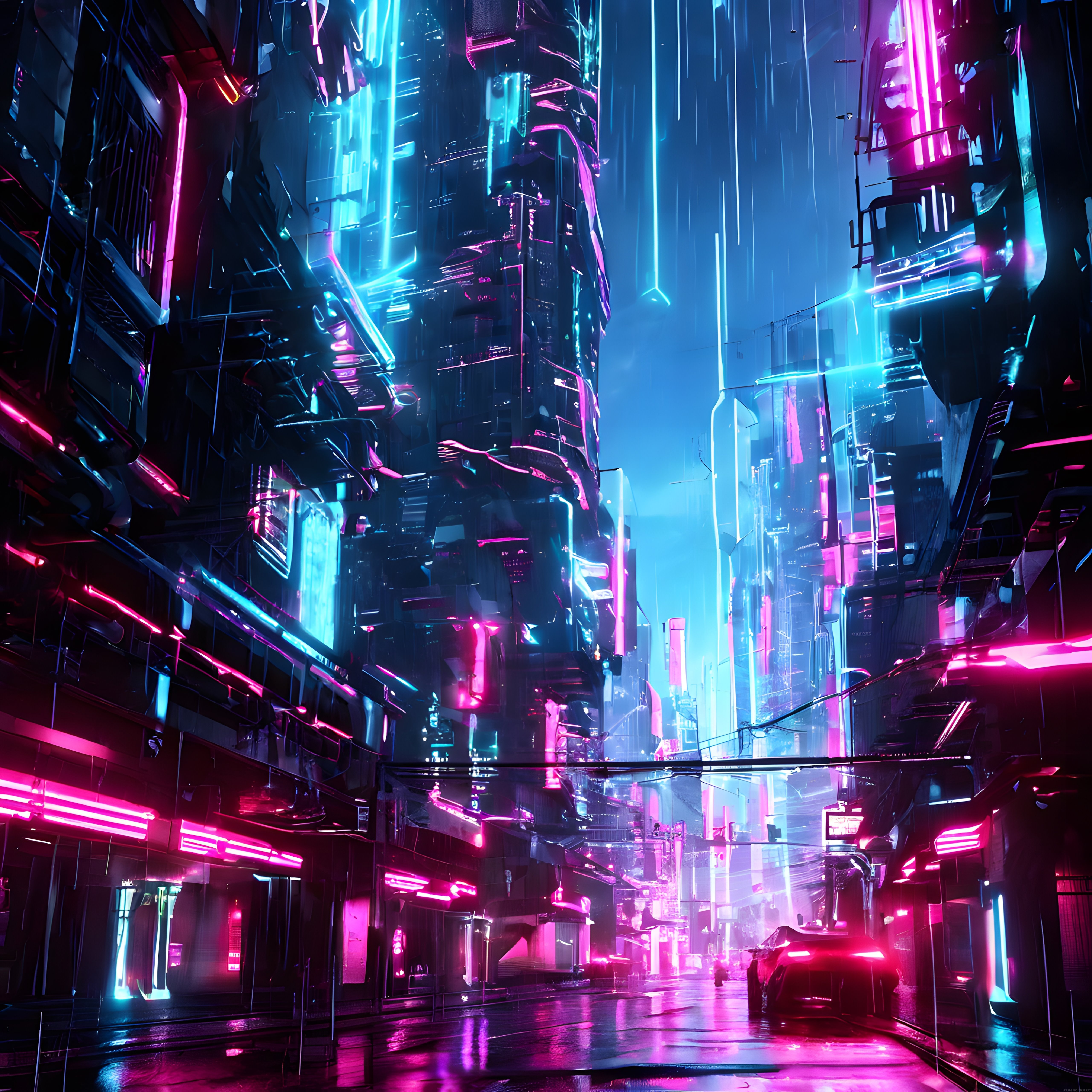 Geleceğin neon ışıklı cyberpunk kentinde sisli ve yağmurlu bir gece