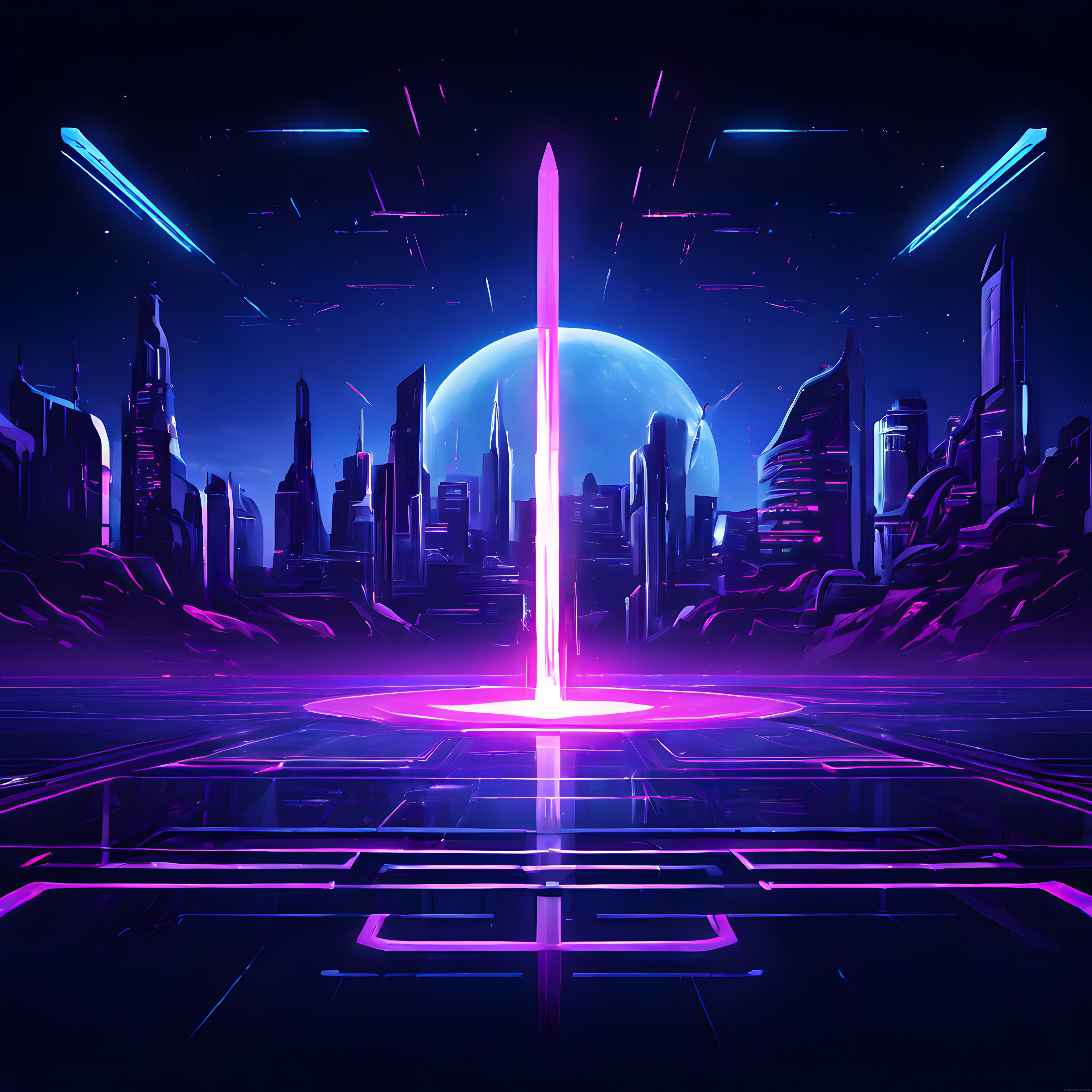 Geleceğin neon ışıklı cyberpunk metropolünde gece manzarası ve enerji ışını