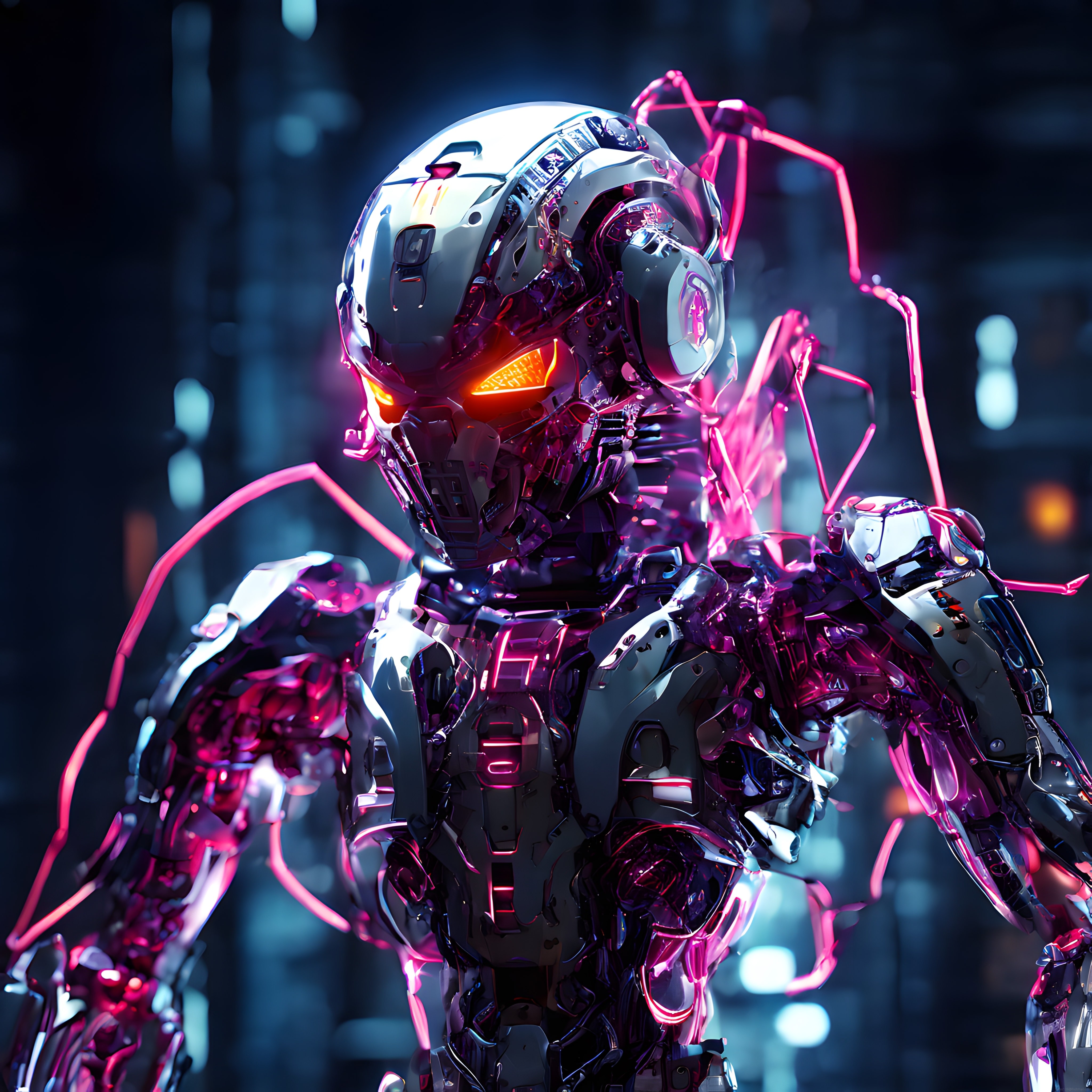 Geleceğin Neon Işıklı Cyberpunk Robot Savaşçısı ve Mekanik Zırh Detayları