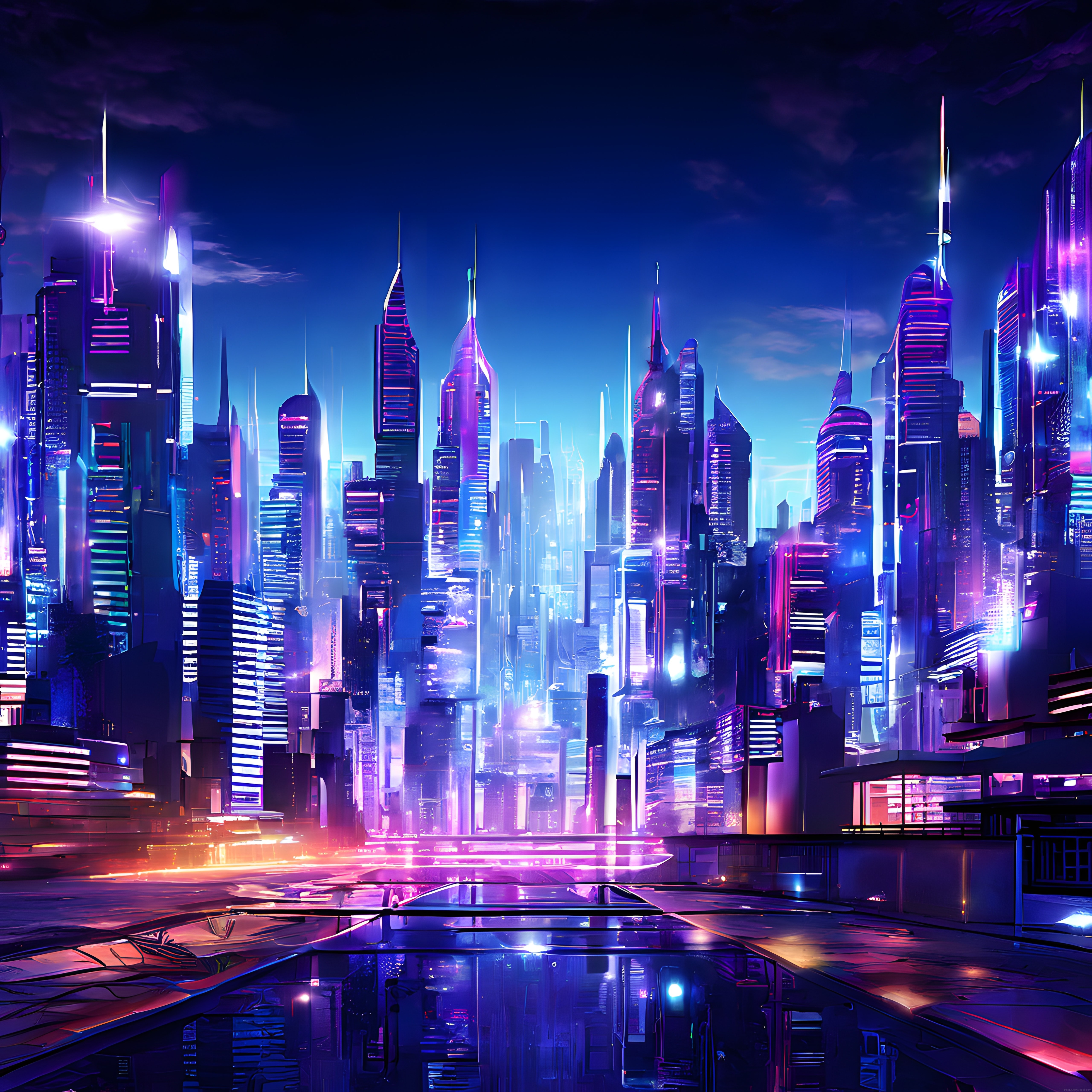 Geleceğin neon ışıklı cyberpunk şehrinde büyüleyici gece manzarası