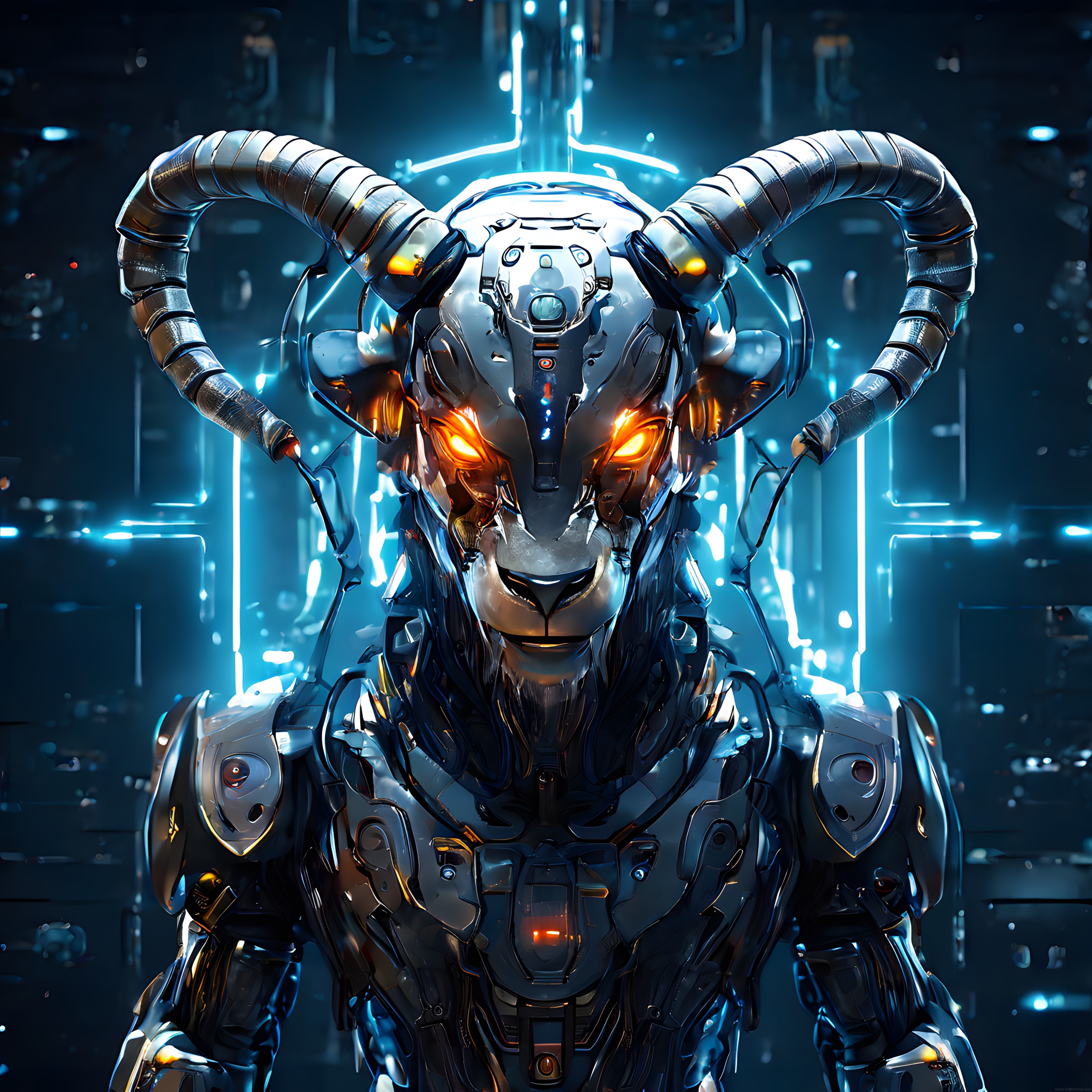 Geleceğin Neon Metropolünde Parlayan Gözleriyle Cyberpunk Boğa Başlı Robot