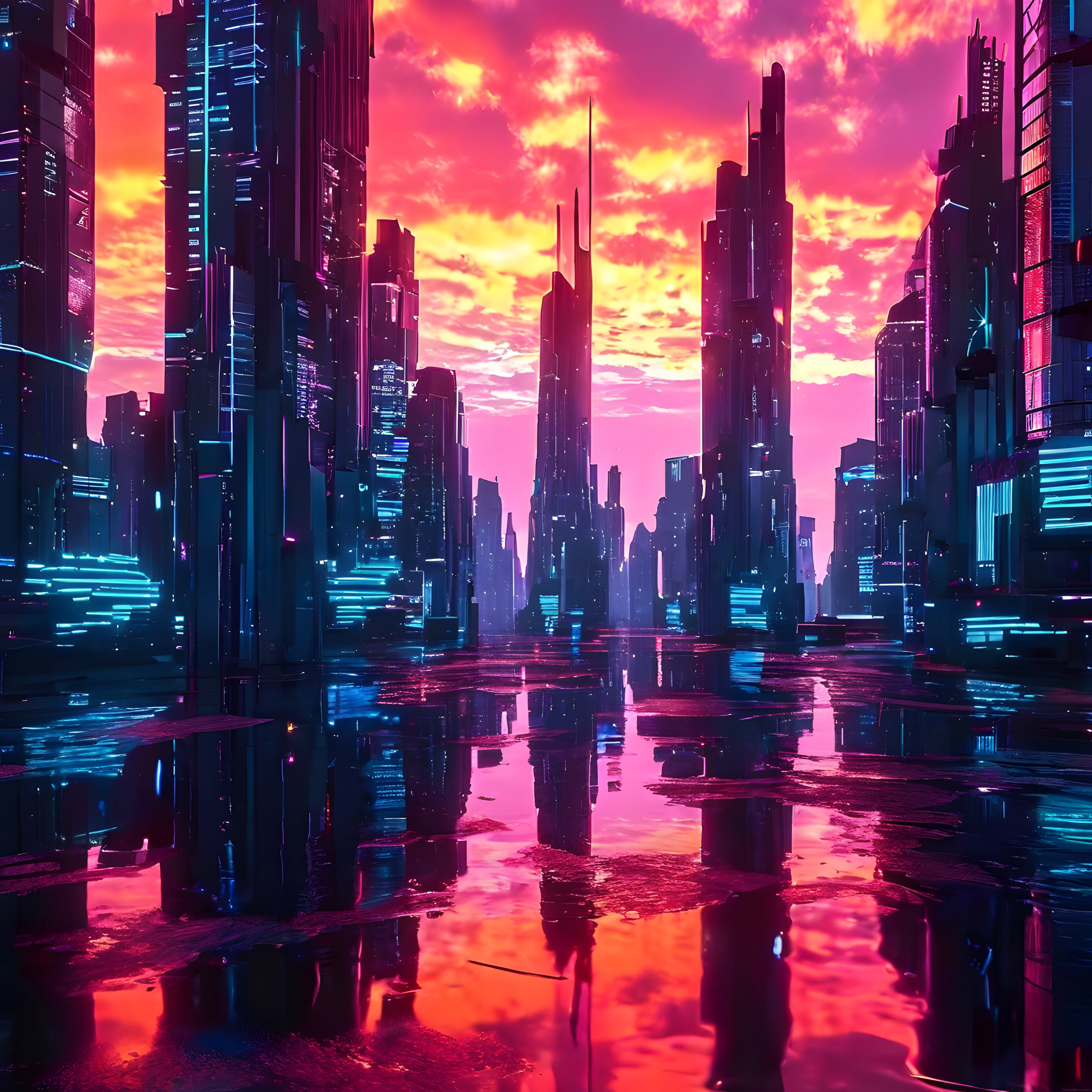 Geleceğin Neon Şehrinde Gün Batımı ve Gökdelen Yansıması