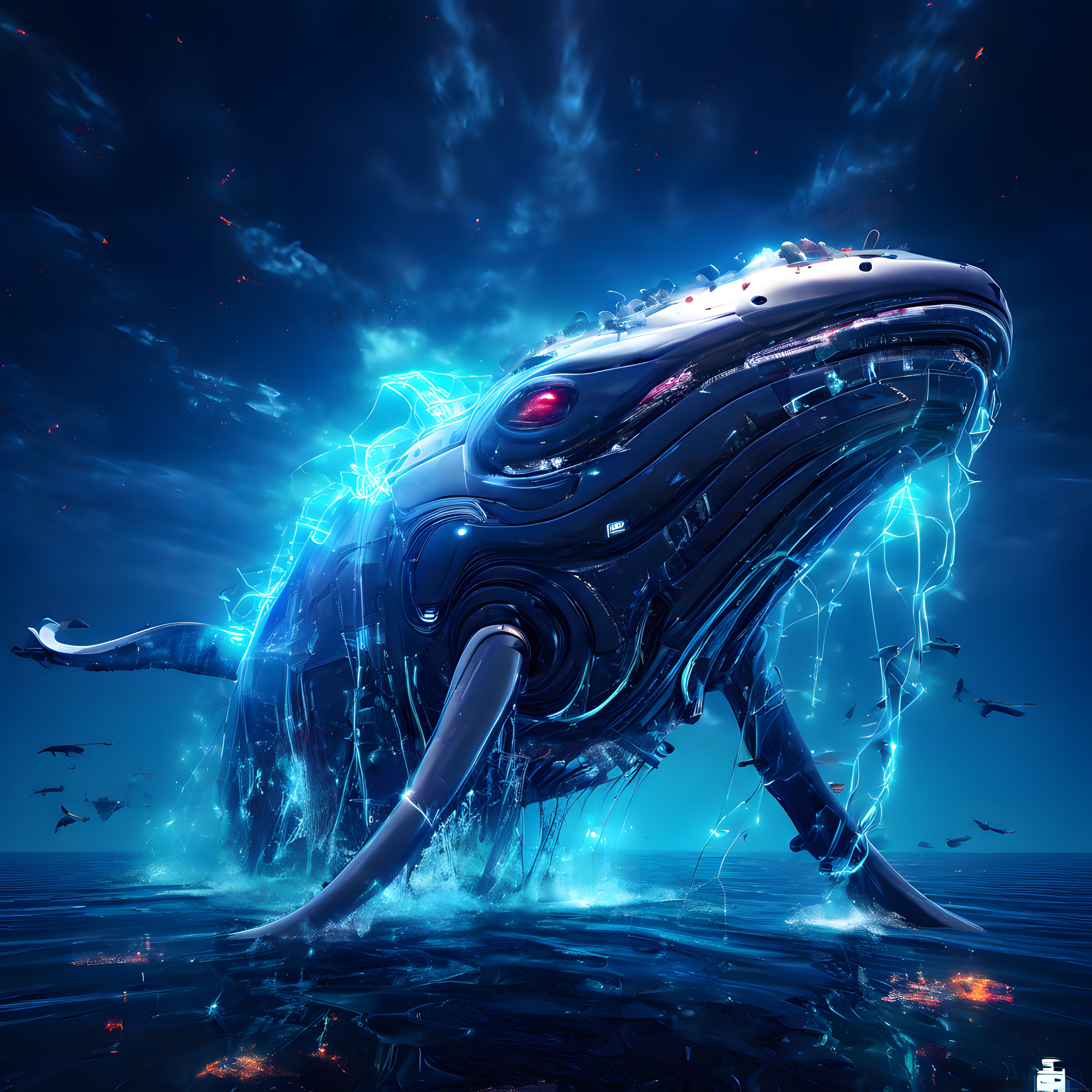 Geleceğin Okyanuslarından Yükselen Neon Işıklı Dev Mekanik Balina