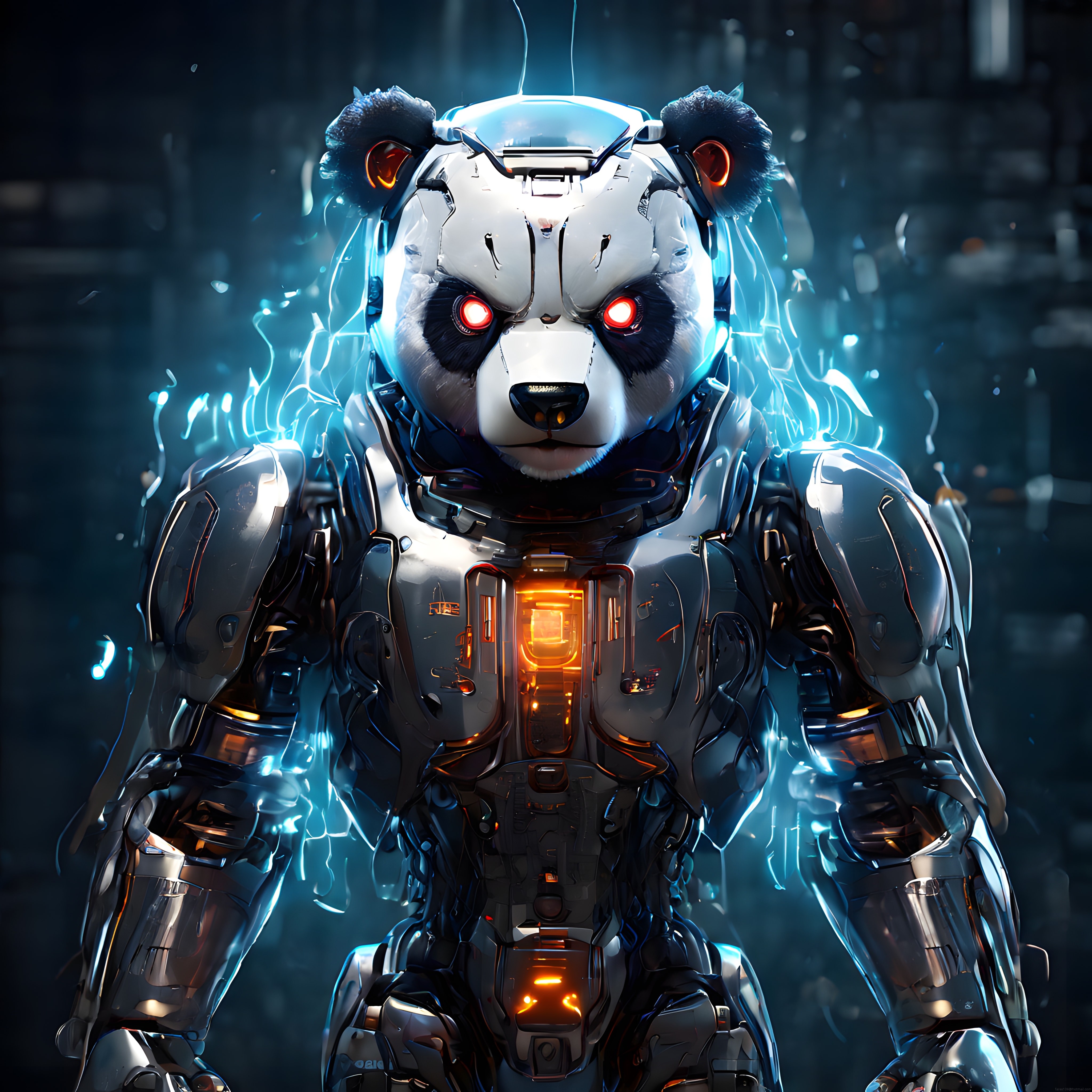 Geleceğin Robot Panda Savaşçısı Mavi Enerjiyle Çevrili Cyberpunk Zırh Tasarım