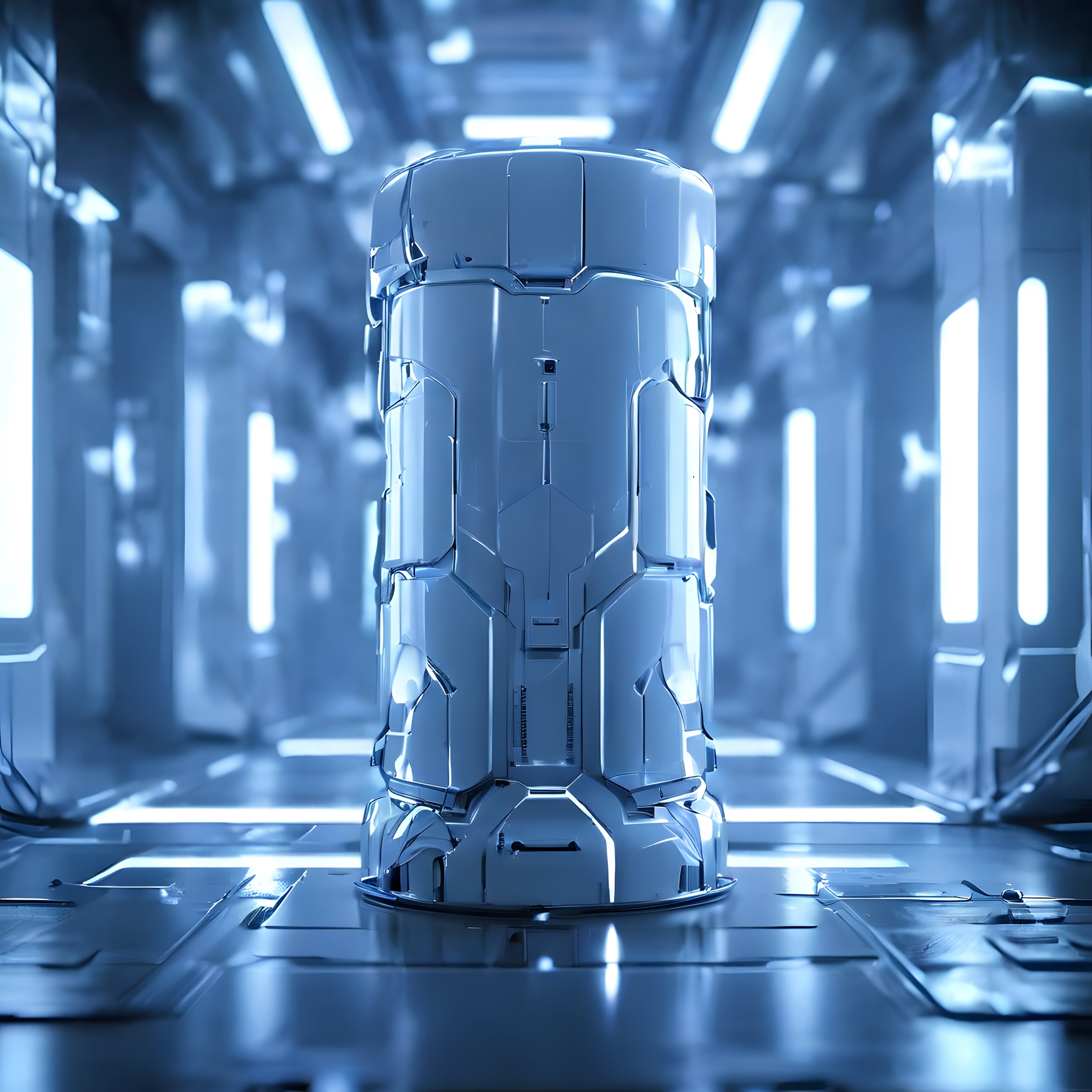 Geleceğin Robotik Tasarımı: Parlak Beyaz Kapsül ve Mavi Işıklı Laboratuvar