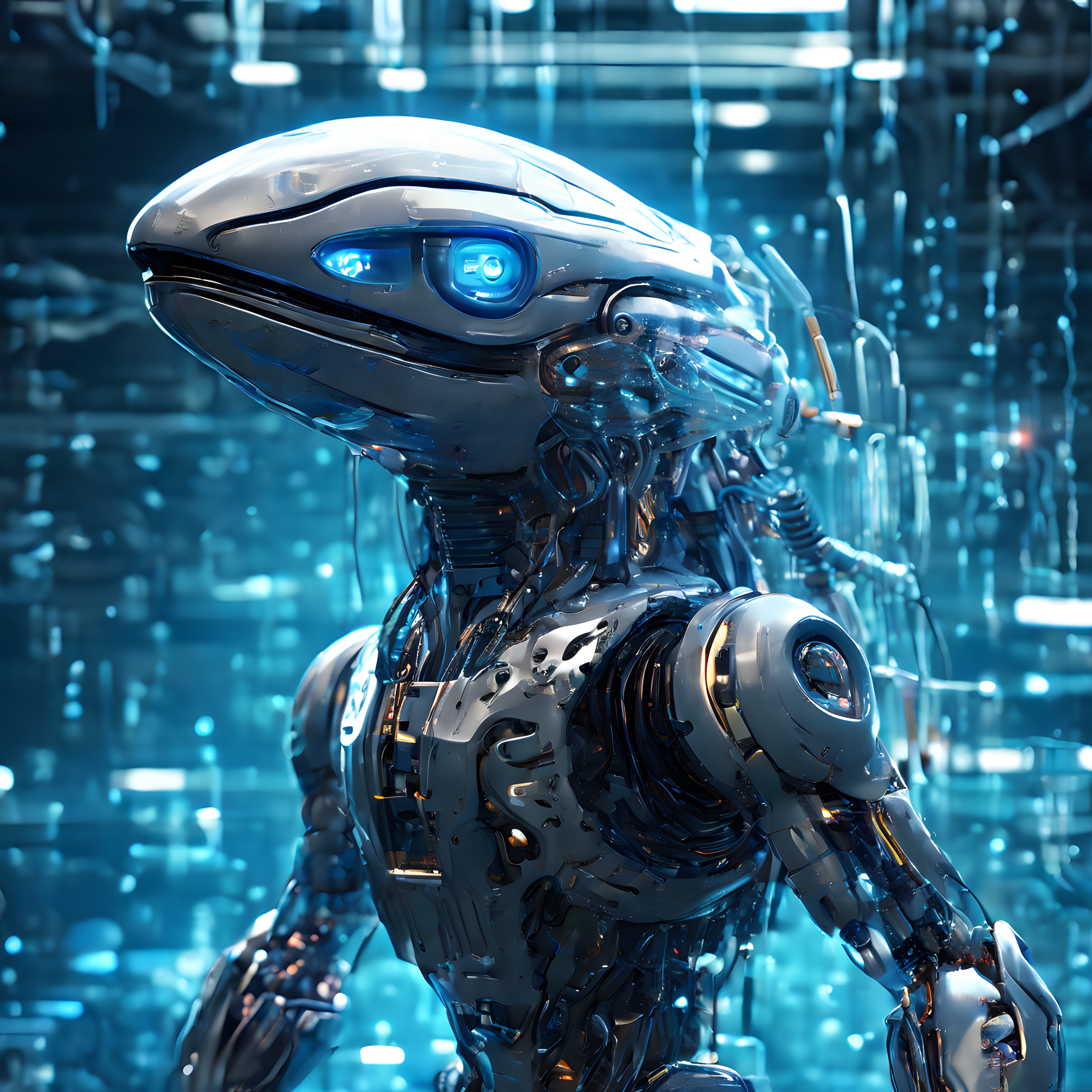 Geleceğin Robotu: Mavi Işıklı İnsansı Android ve Yüksek Teknoloji Ortamı