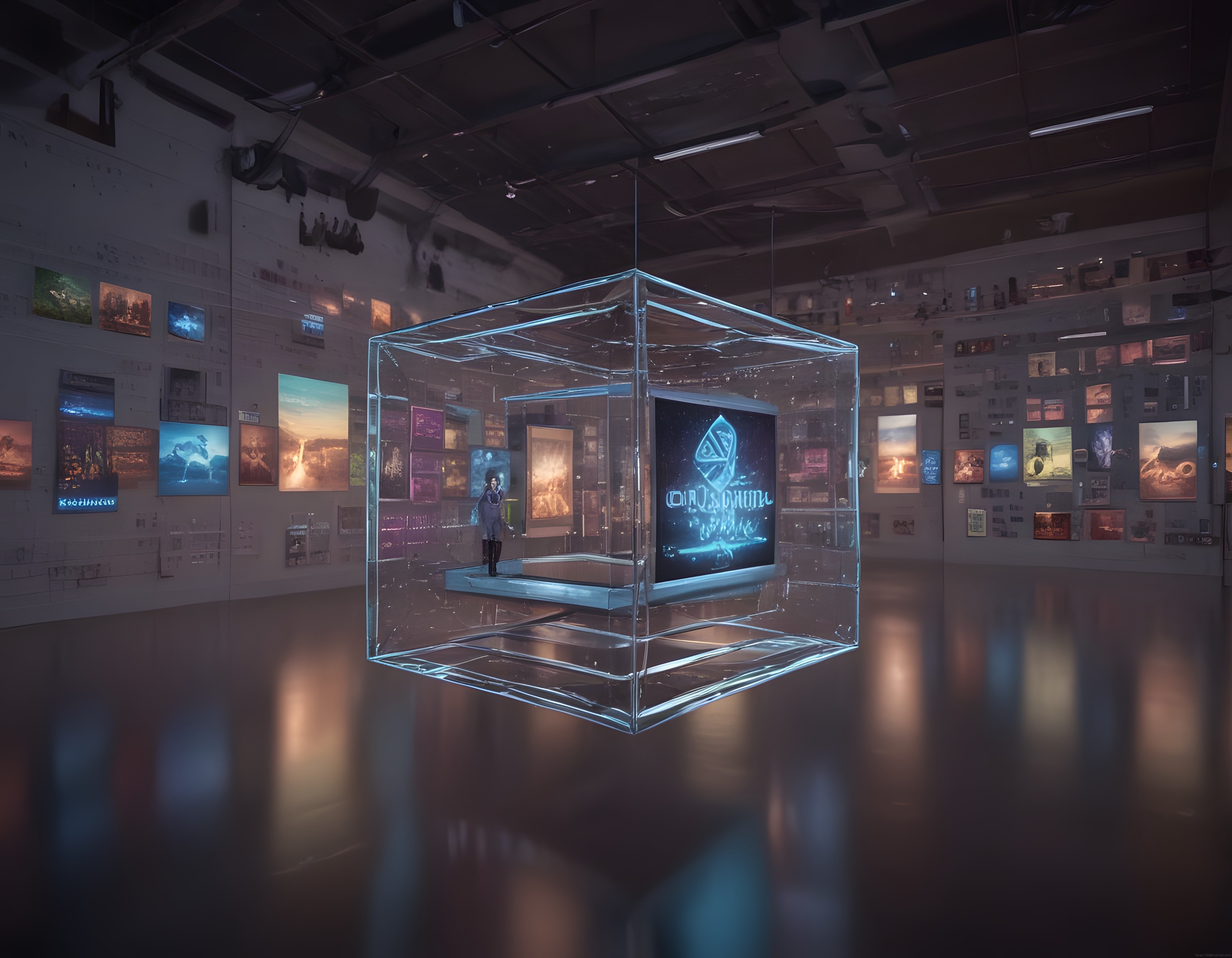 Geleceğin Sanat Galerisinde Şeffaf Küp İçinde Dijital Sergi ve İnsan Enstalasyonu