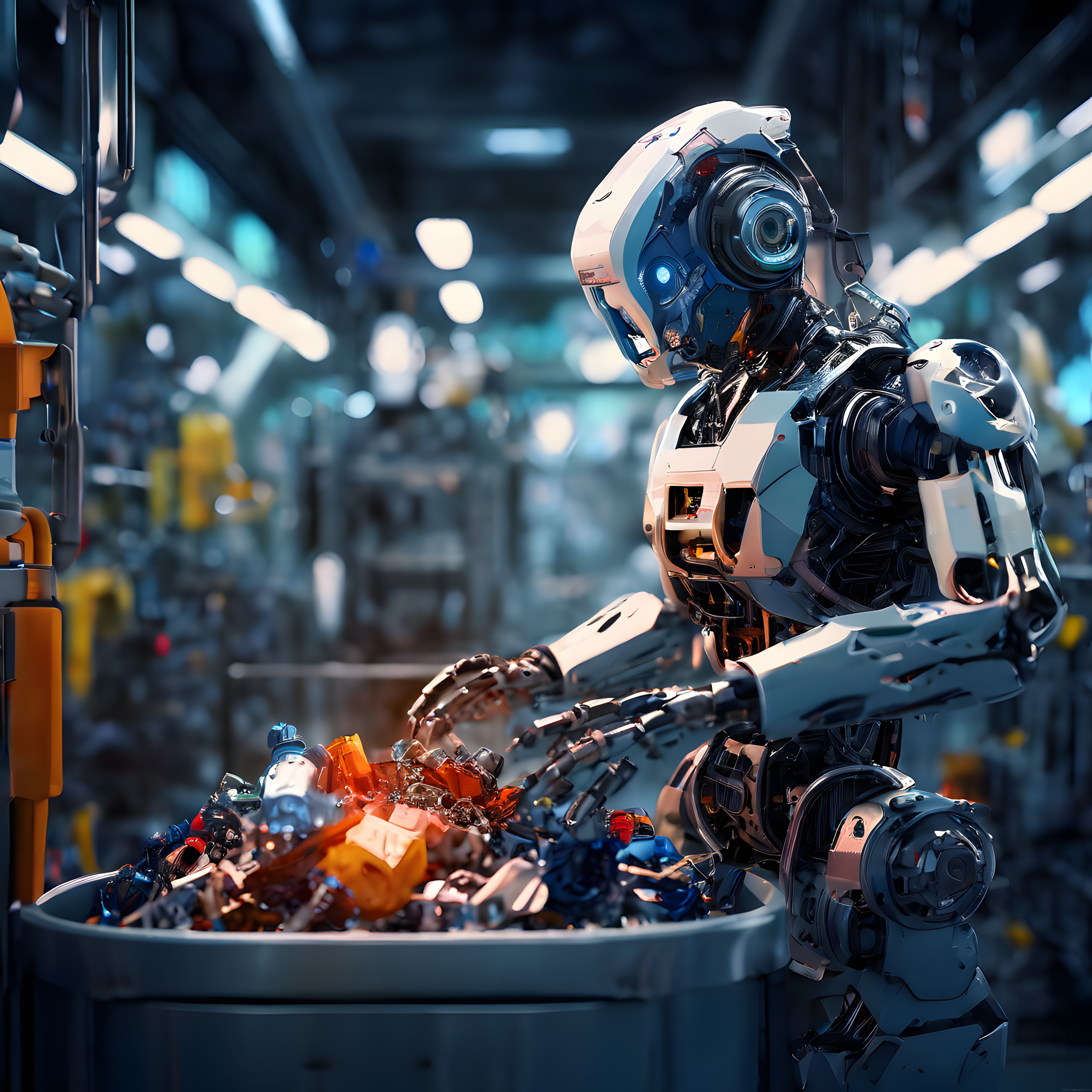 Geleceğin Sanayi Atölyesinde Parça Arayan İnsansı Robot ve Mekanik Detaylar
