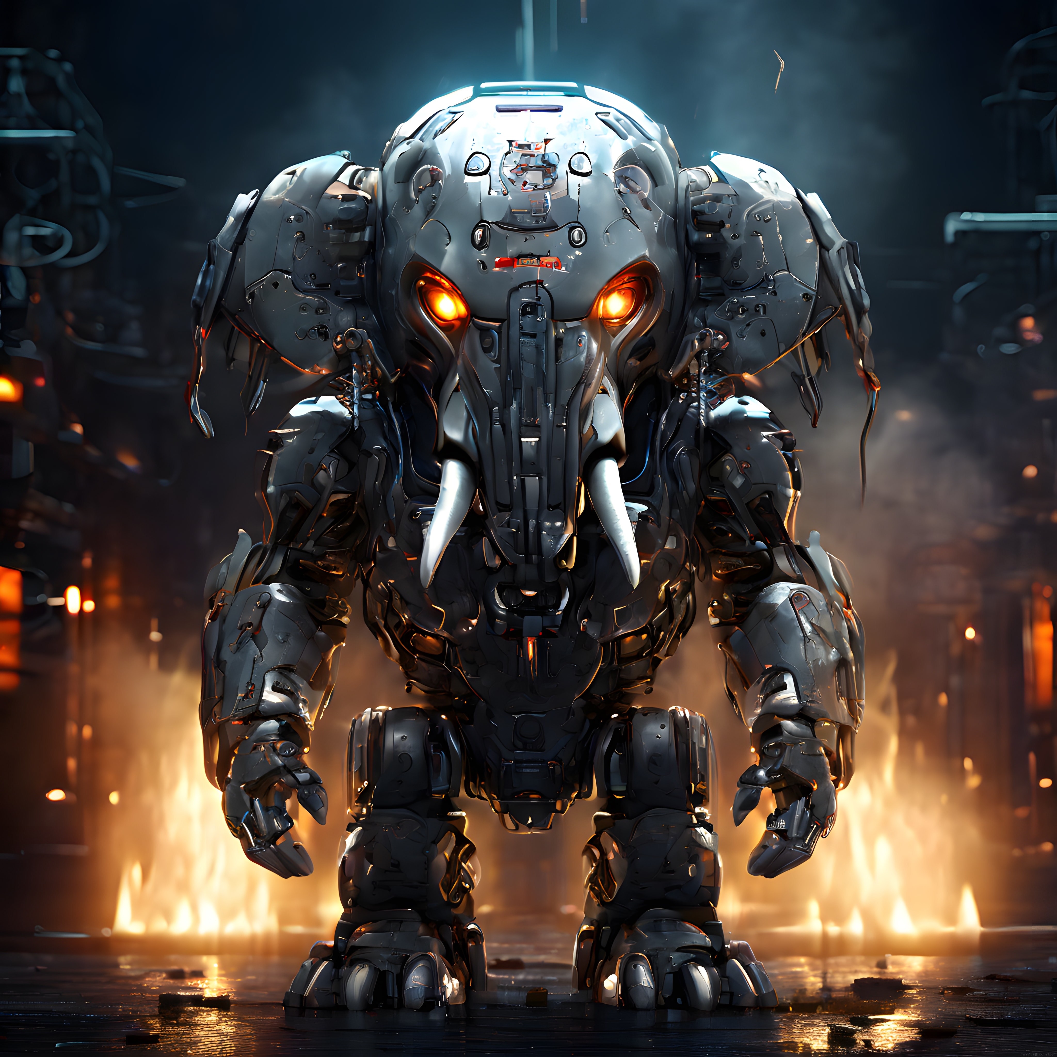 Geleceğin Savaş Makinesi: Fil Başlı Devasa Cyberpunk Mecha Robot