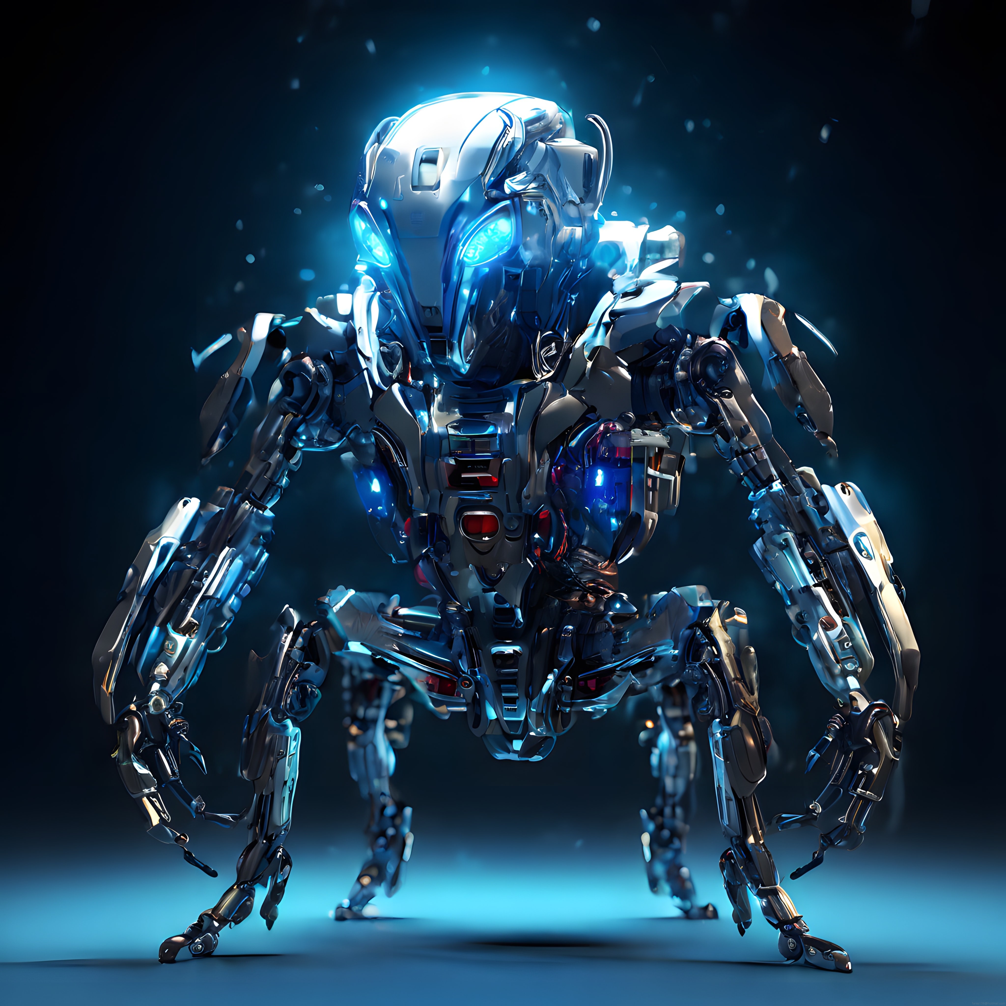 Geleceğin savaş makinesi: mavi ışıklı çok bacaklı metalik robot konsepti