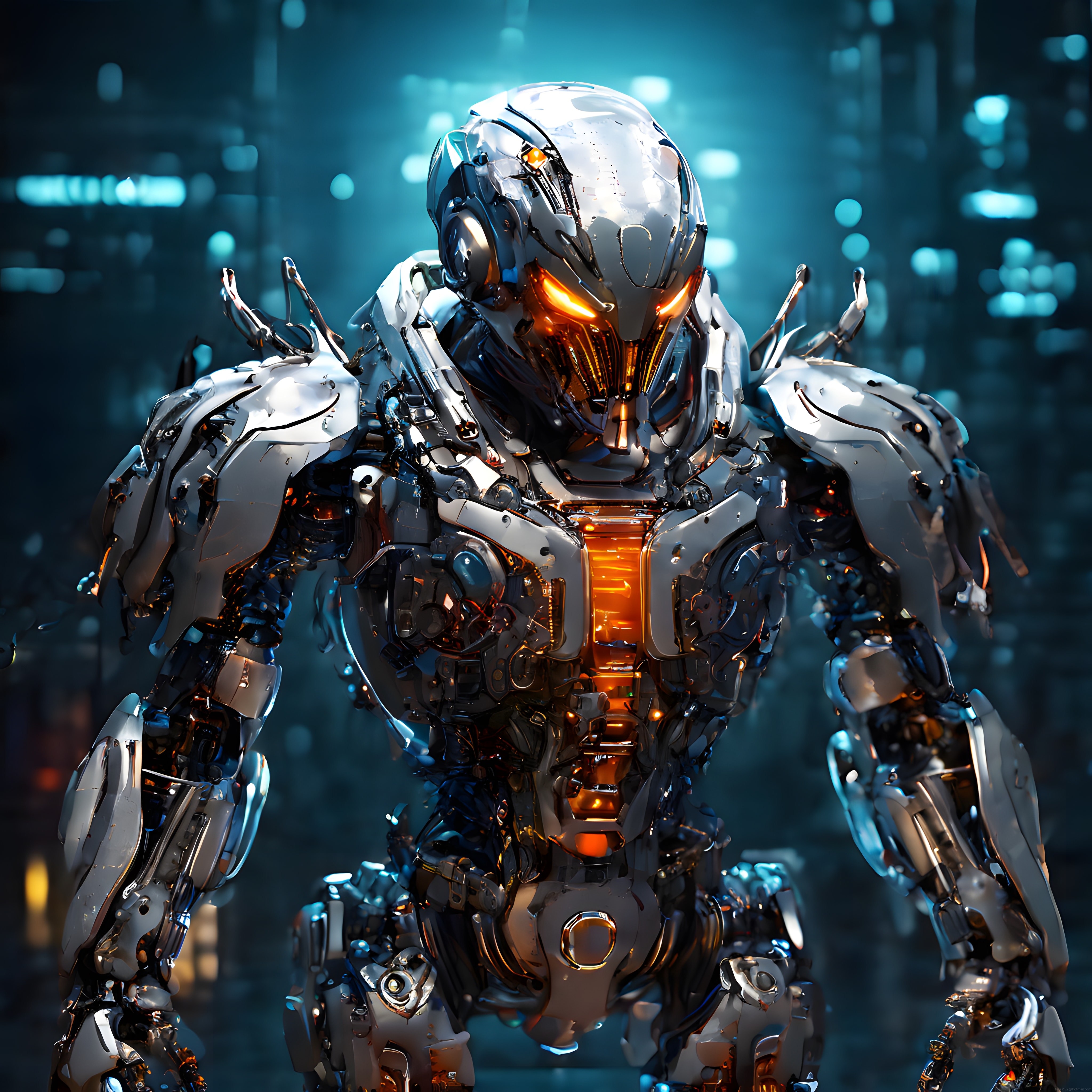 Geleceğin Savaş Makinesi: Neon Işıklı Devasa Robot ve Metal Zırh Detayları