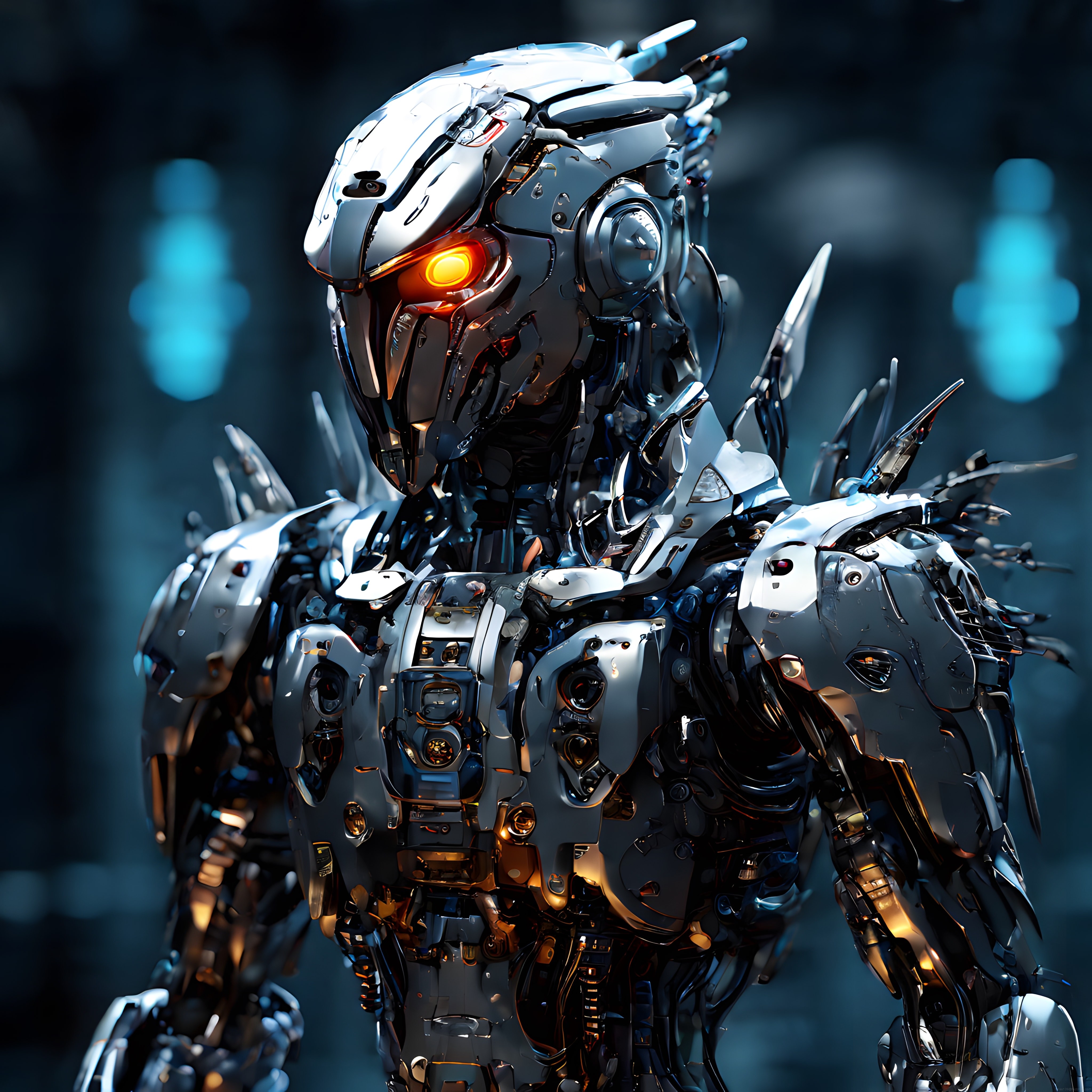 Geleceğin Savaş Makinesi: Parıldayan Çelik Zırhlı Cyberpunk Robot Portresi