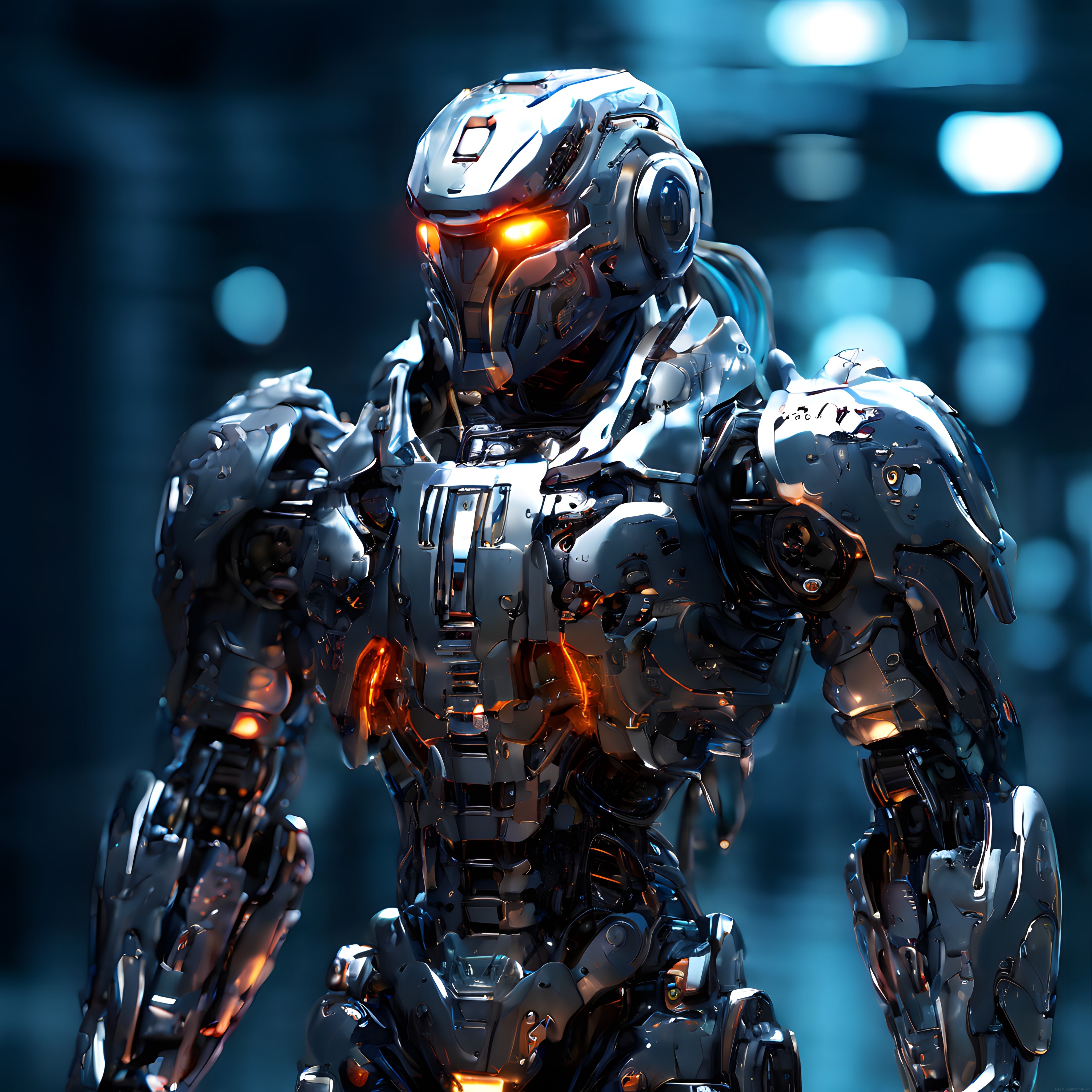Geleceğin Savaş Makinesi: Parlak Metal Zırhlı ve Alev Gözlü Dev Robot