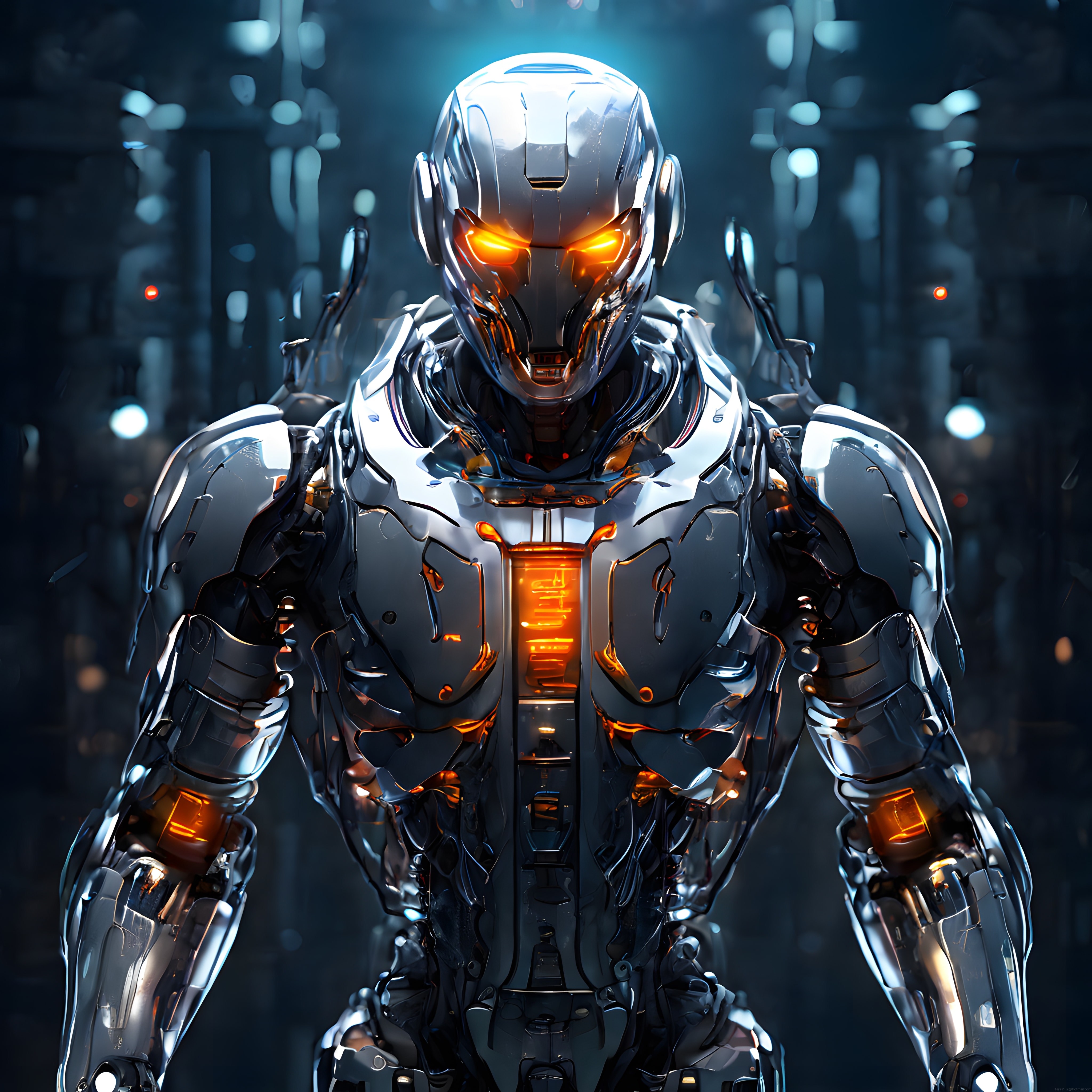 Geleceğin Savaş Makinesi: Turuncu Işıklı Gümüş Cyborg ve Robot Zırhı