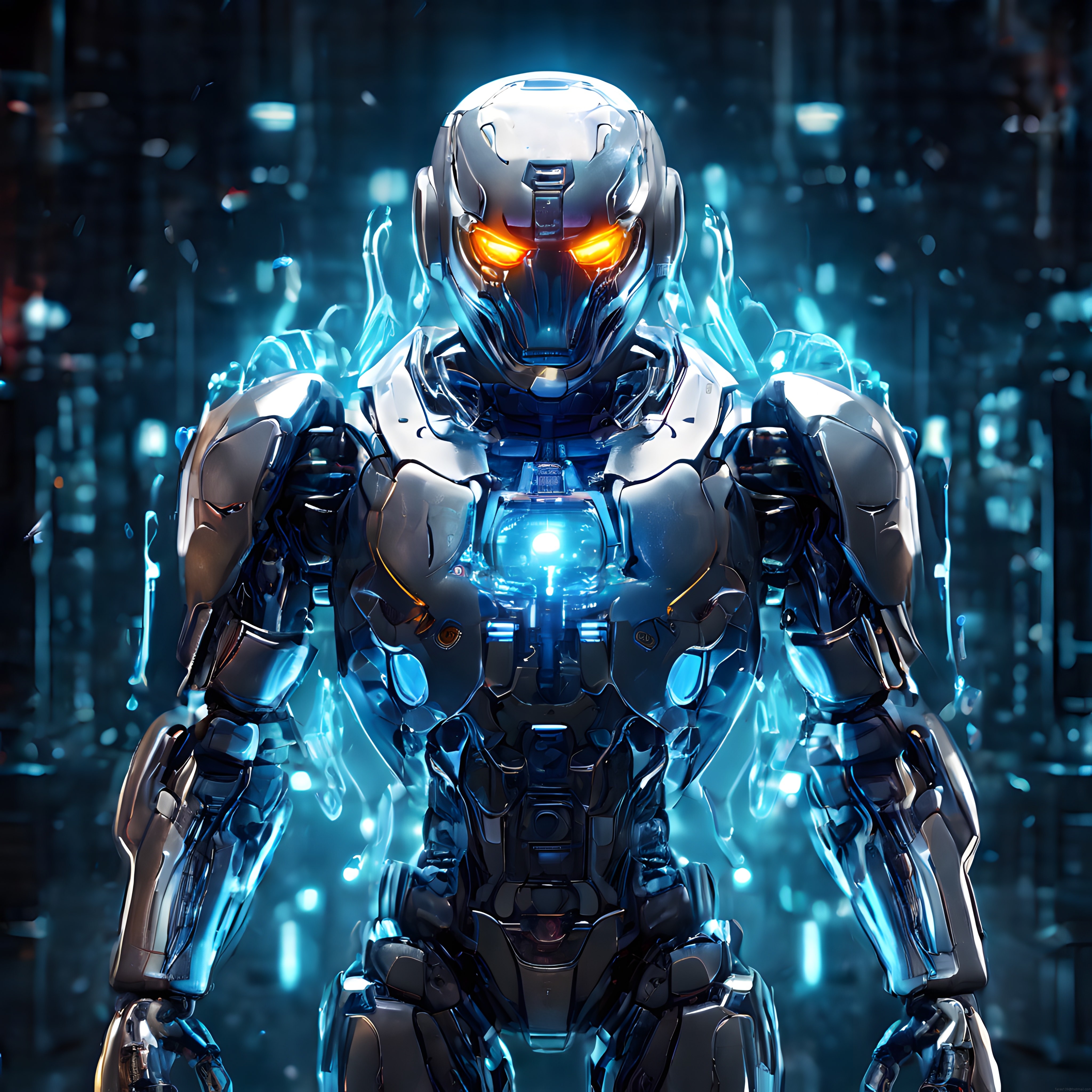 Geleceğin Savaş Robotu: Turuncu Gözleri ve Mavi Enerjisiyle Destansı Varlık