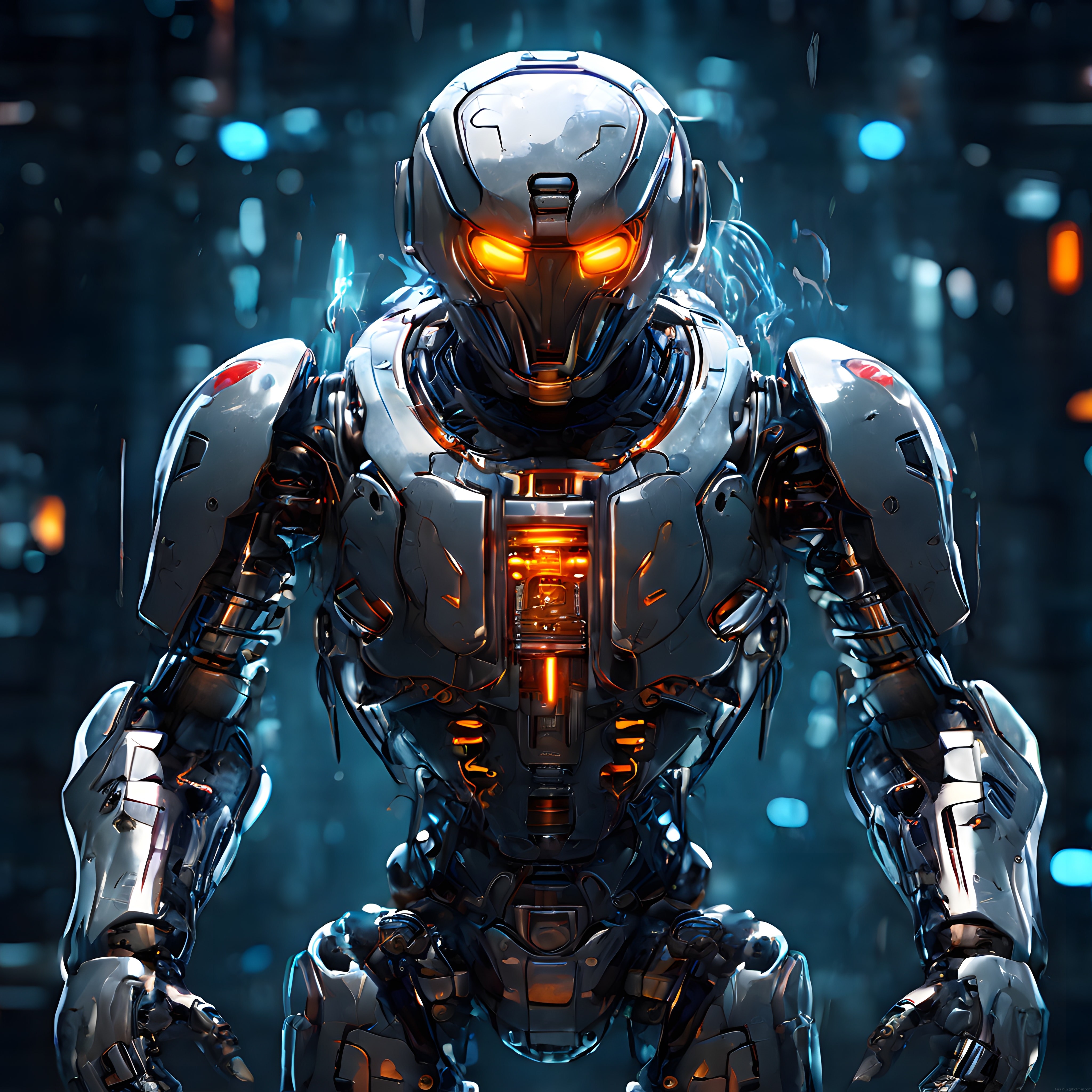 Geleceğin Savaş Robotu: Turuncu Işıklı Çelik Zırh ve Mekanik Detaylar