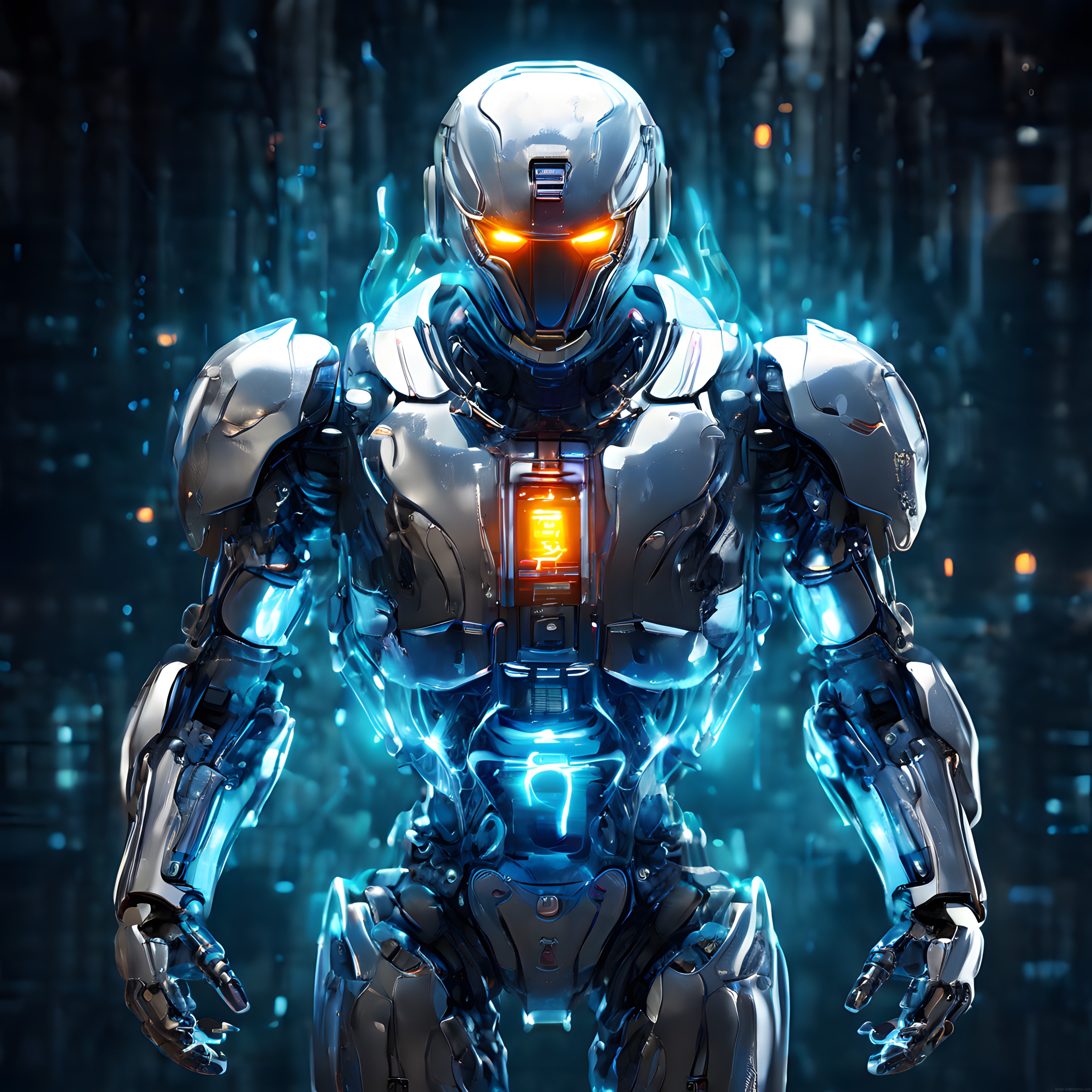 Geleceğin Savaşçısı: Parlak Mavi Enerjiyle Çevrili İnsansı Robot ve Turuncu Göz Işıkları
