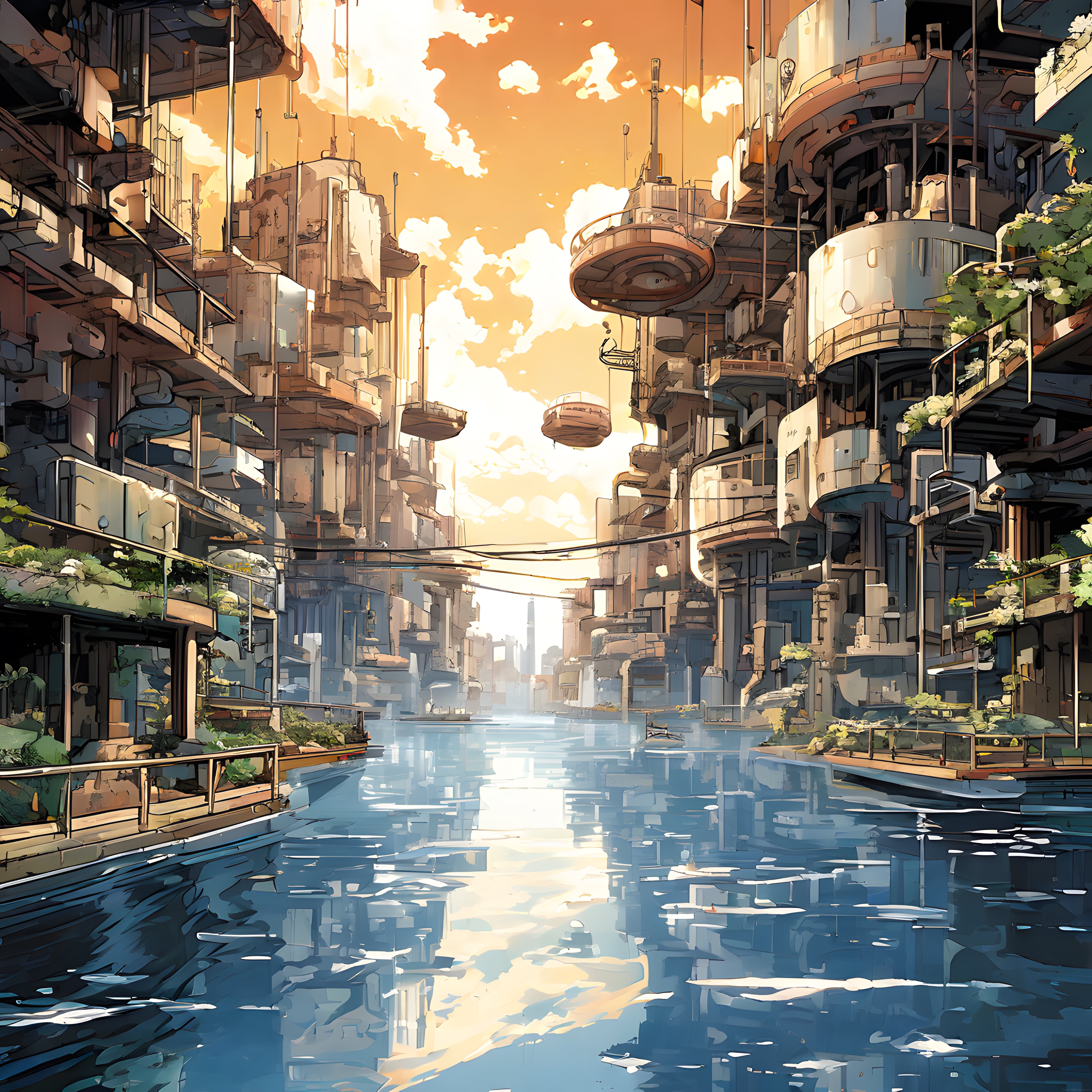Geleceğin Su Kanallı Şehrinde Anime Tarzı Büyüleyici Gün Batımı Manzarası