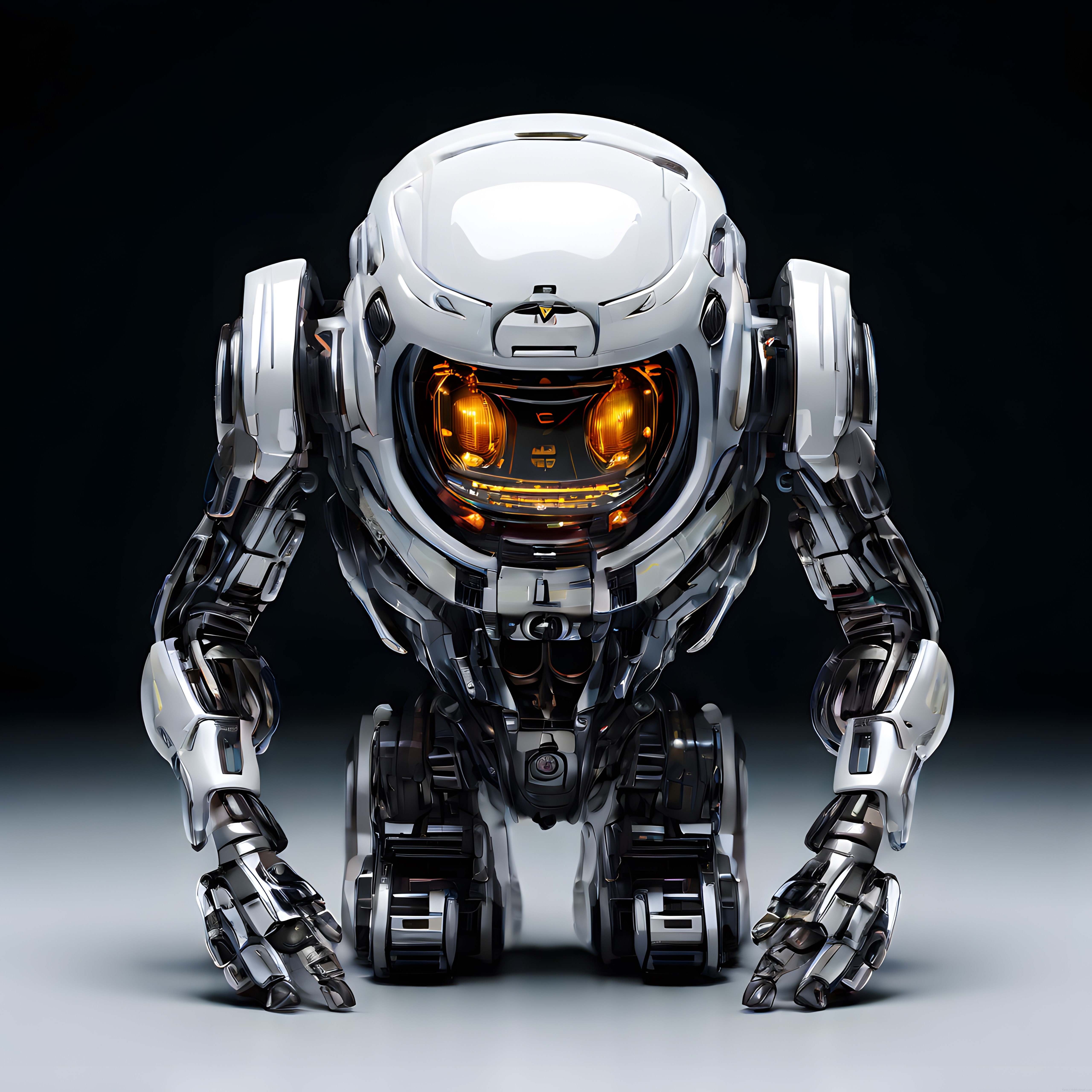 Geleceğin Süper Zekası: Metal Gövdeli ve Turuncu Gözlü İnsansı Robot Tasarımı Geleceğin Süper Zekası: Metal Gövdeli ve Turuncu Gözlü İnsansı Robot Tasarımı