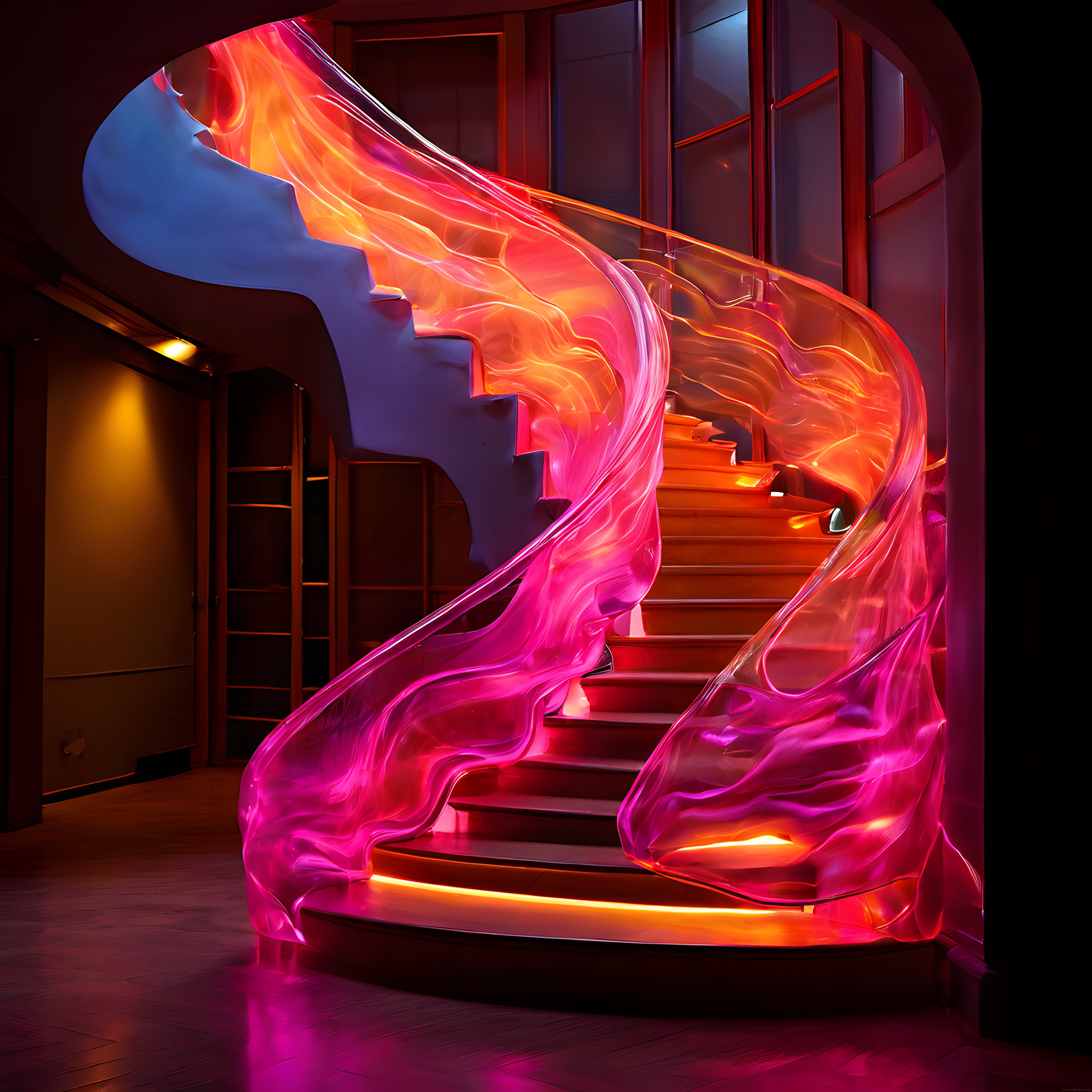 Geleceğin Tasarımı: Neon Aydınlatmalı Fütüristik Spiral Cam Merdiven